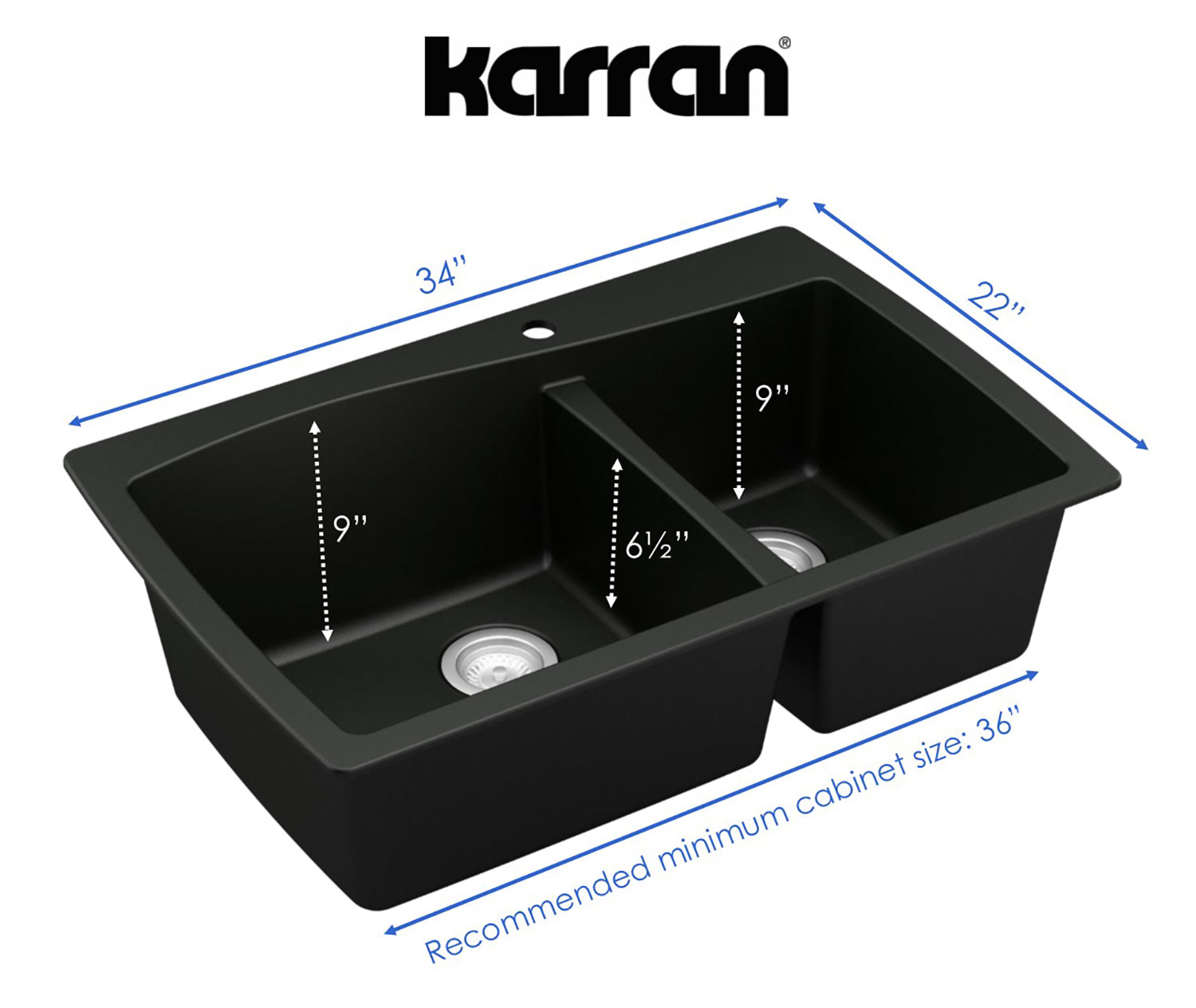 Alternate Image for Karran 34" Drop In/Topmount Quartz Composite Kitchen Sink, 60/40 Double Bowl, Black, QT-721-BL