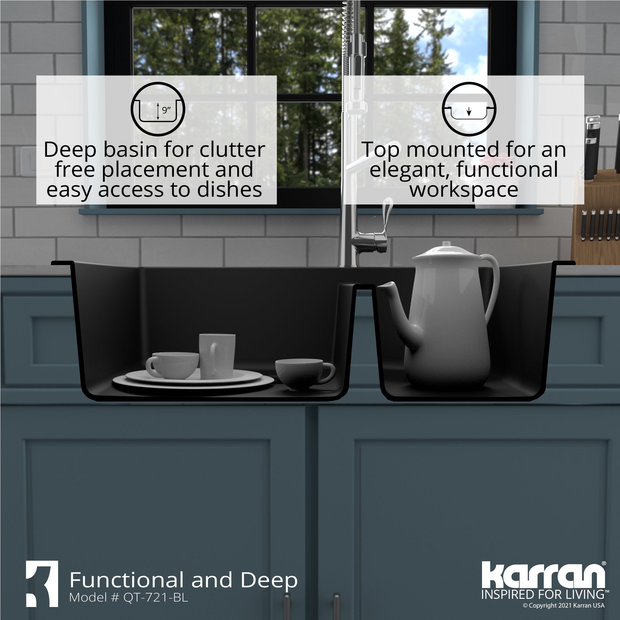 Alternate Image for Karran 34" Drop In/Topmount Quartz Composite Kitchen Sink with Accessories, 60/40 Double Bowl, Black, QT-721-BL-PK1