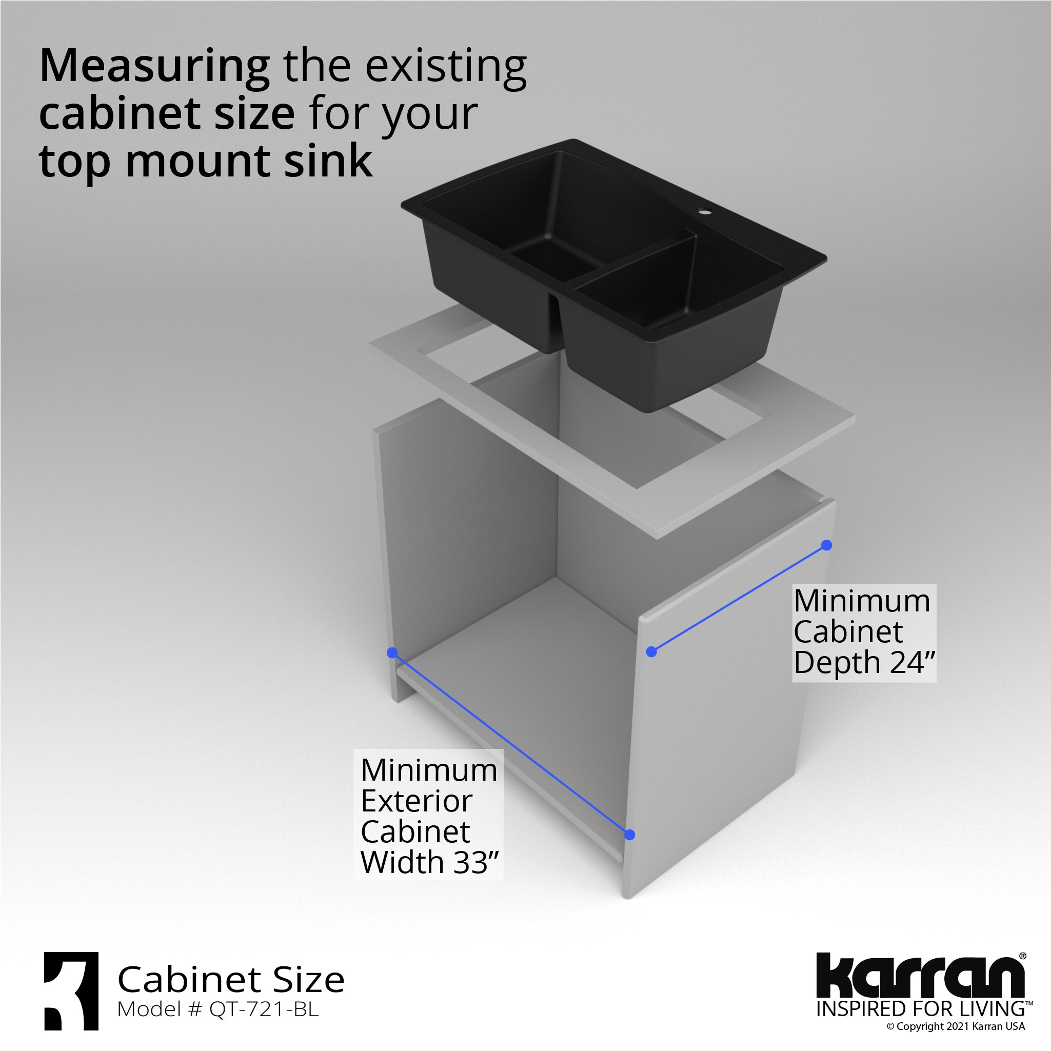 Alternate Image for Karran 34" Drop In/Topmount Quartz Composite Kitchen Sink with Accessories, 60/40 Double Bowl, Black, QT-721-BL-PK1