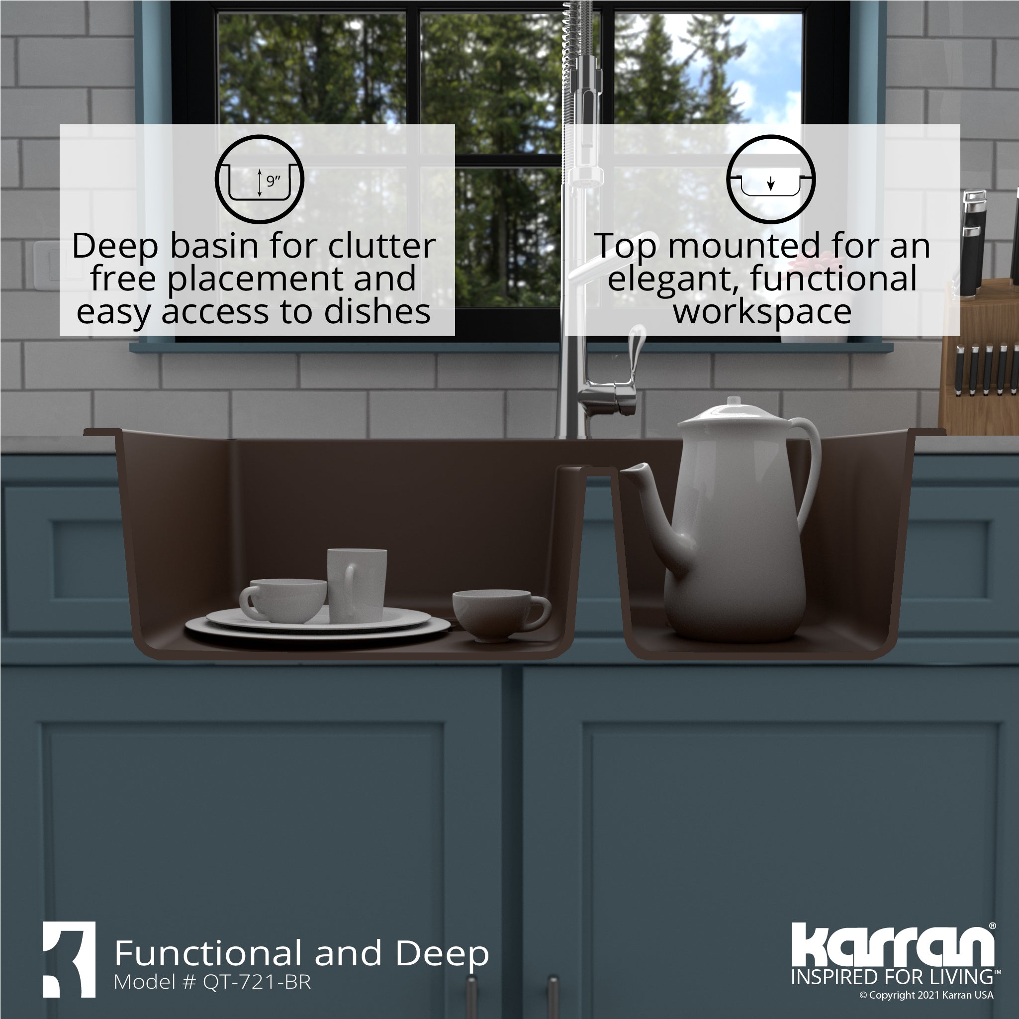 Alternate Image for Karran 34" Drop In/Topmount Quartz Composite Kitchen Sink with Accessories, 60/40 Double Bowl, Brown, QT-721-BR-PK1