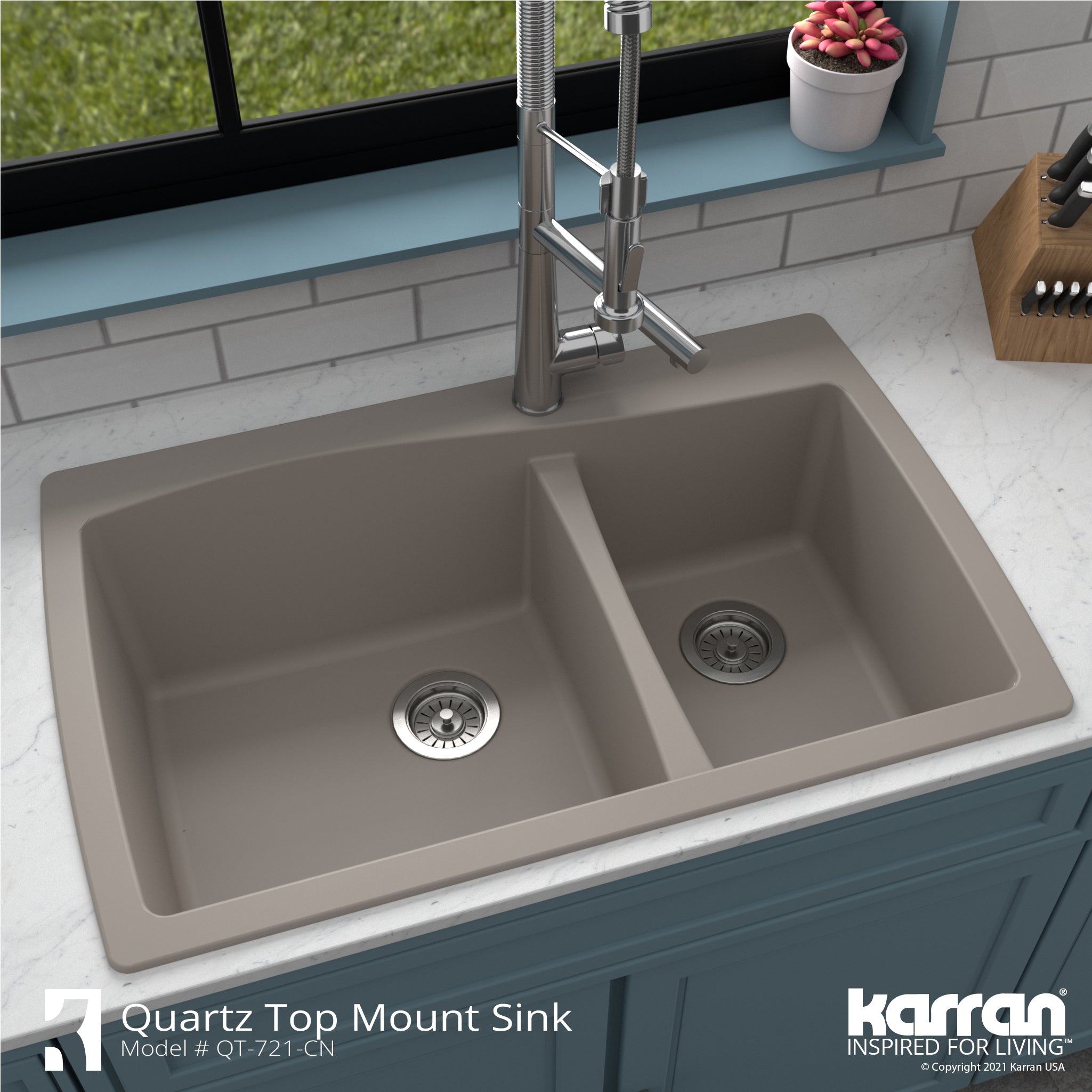 Alternate Image for Karran 34" Drop In/Topmount Quartz Composite Kitchen Sink with Accessories, 60/40 Double Bowl, Concrete, QT-721-CN-PK1