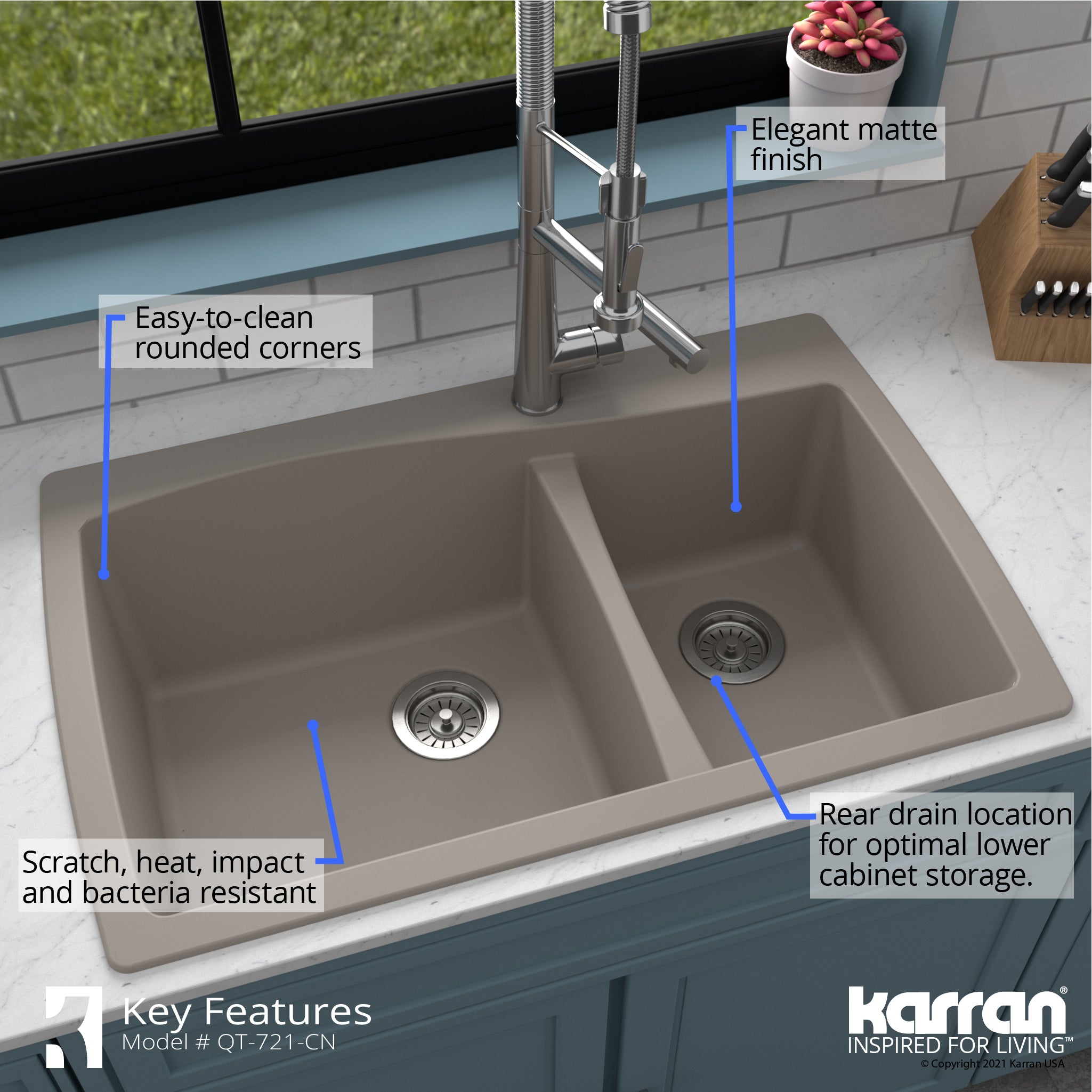 Alternate Image for Karran 34" Drop In/Topmount Quartz Composite Kitchen Sink with Accessories, 60/40 Double Bowl, Concrete, QT-721-CN-PK1