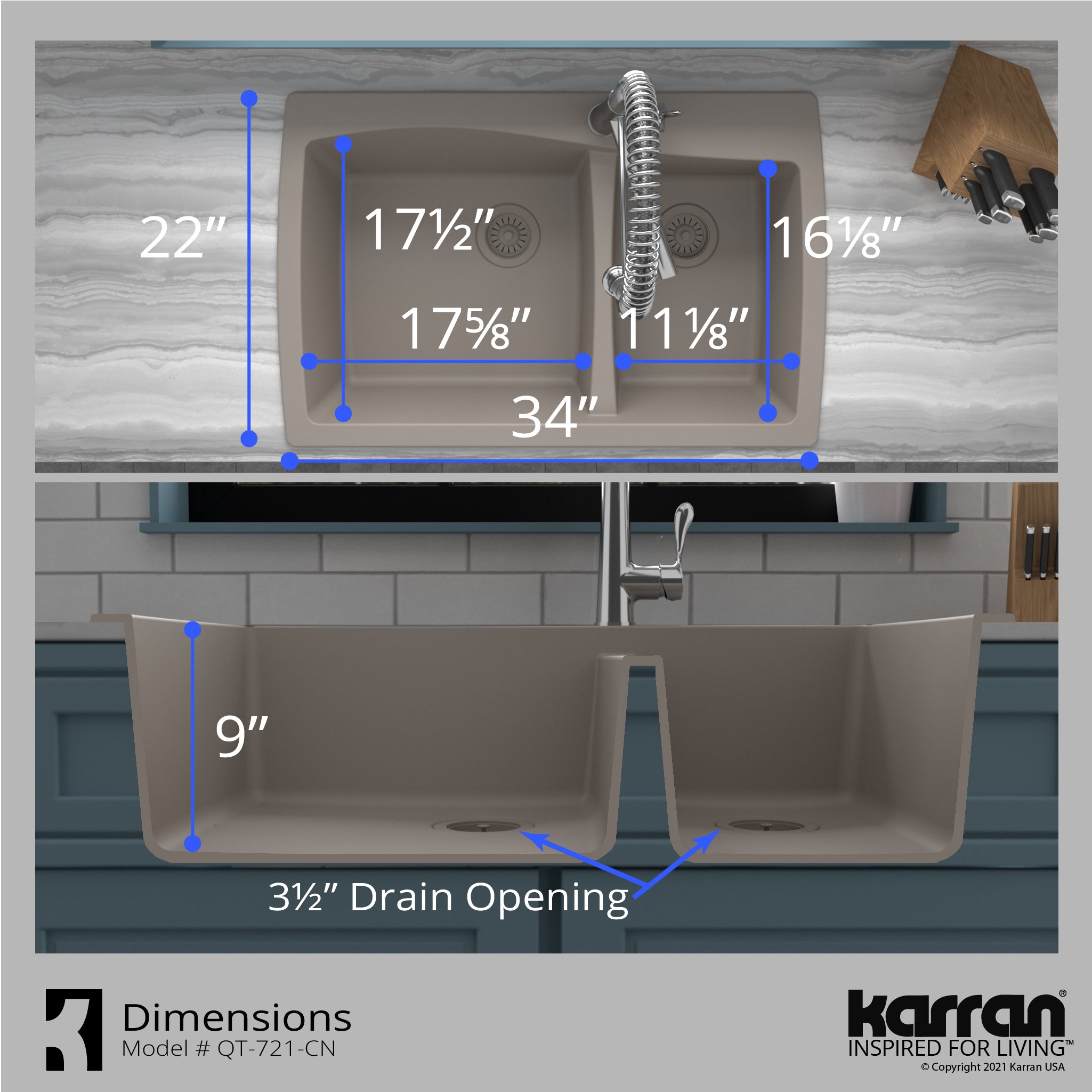 Alternate Image for Karran 34" Drop In/Topmount Quartz Composite Kitchen Sink with Accessories, 60/40 Double Bowl, Concrete, QT-721-CN-PK1