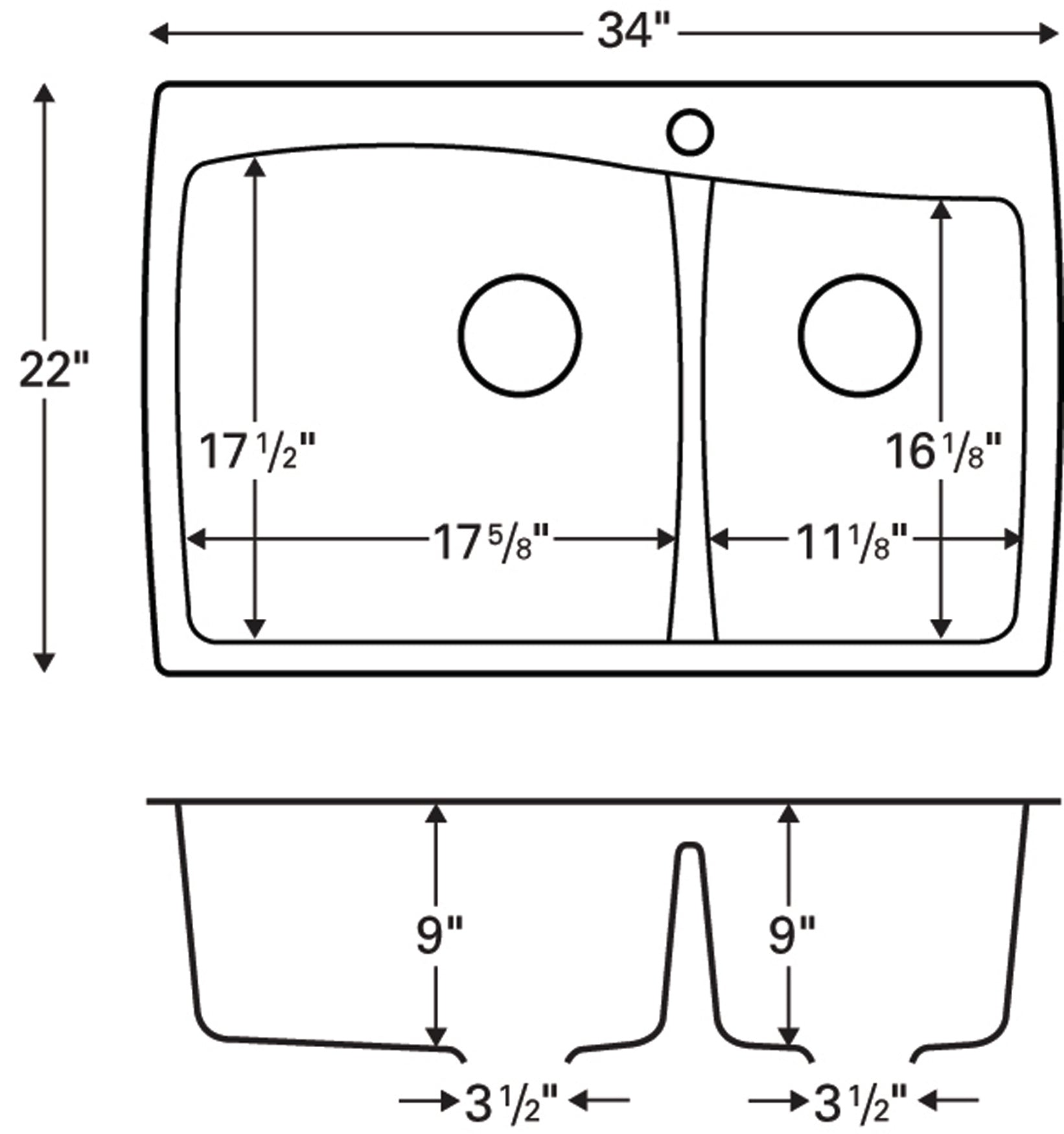 Alternate Image for Karran 34" Drop In/Topmount Quartz Composite Kitchen Sink, 60/40 Double Bowl, Black, QT-721-BL