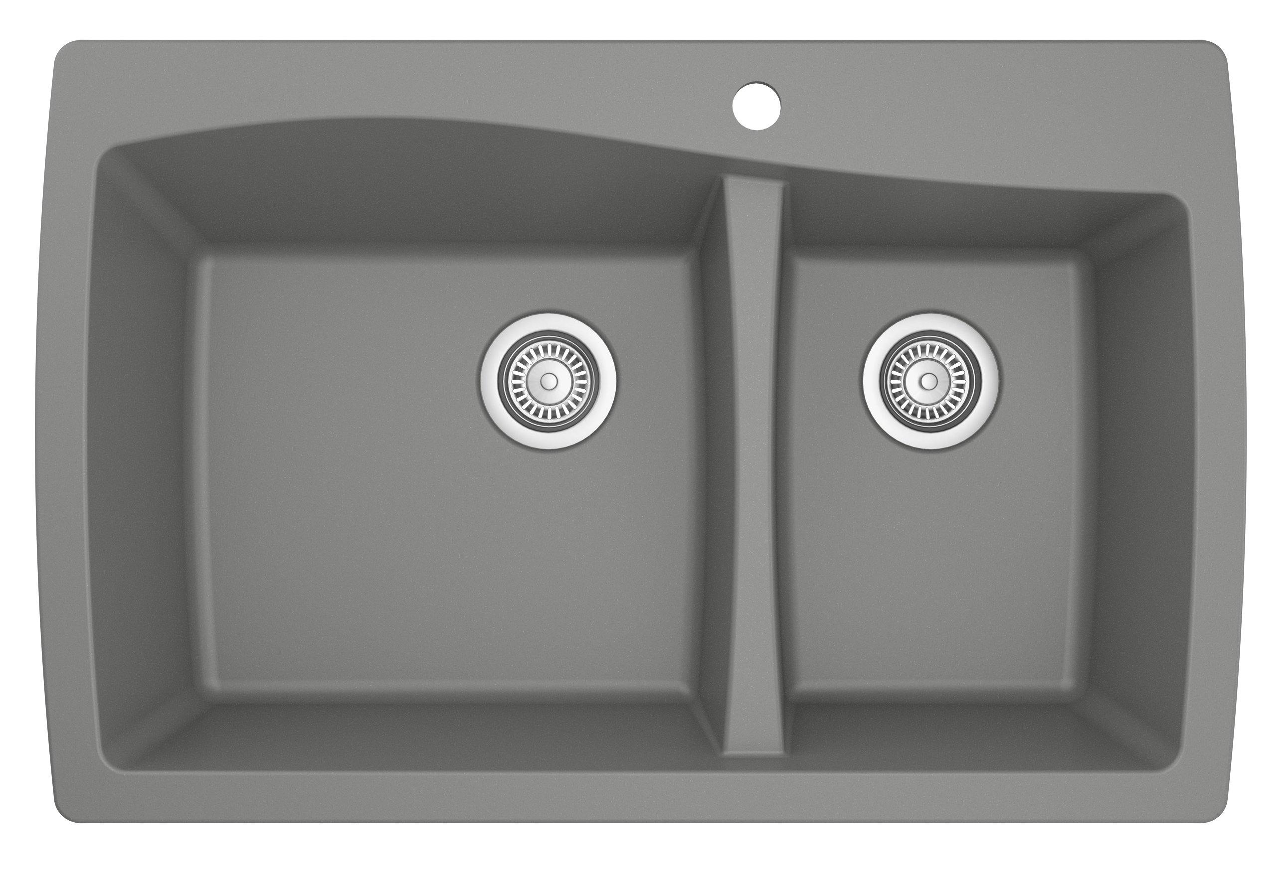 Karran 34" Drop In/Topmount Quartz Composite Kitchen Sink, 60/40 Double Bowl, Grey, QT-721-GR