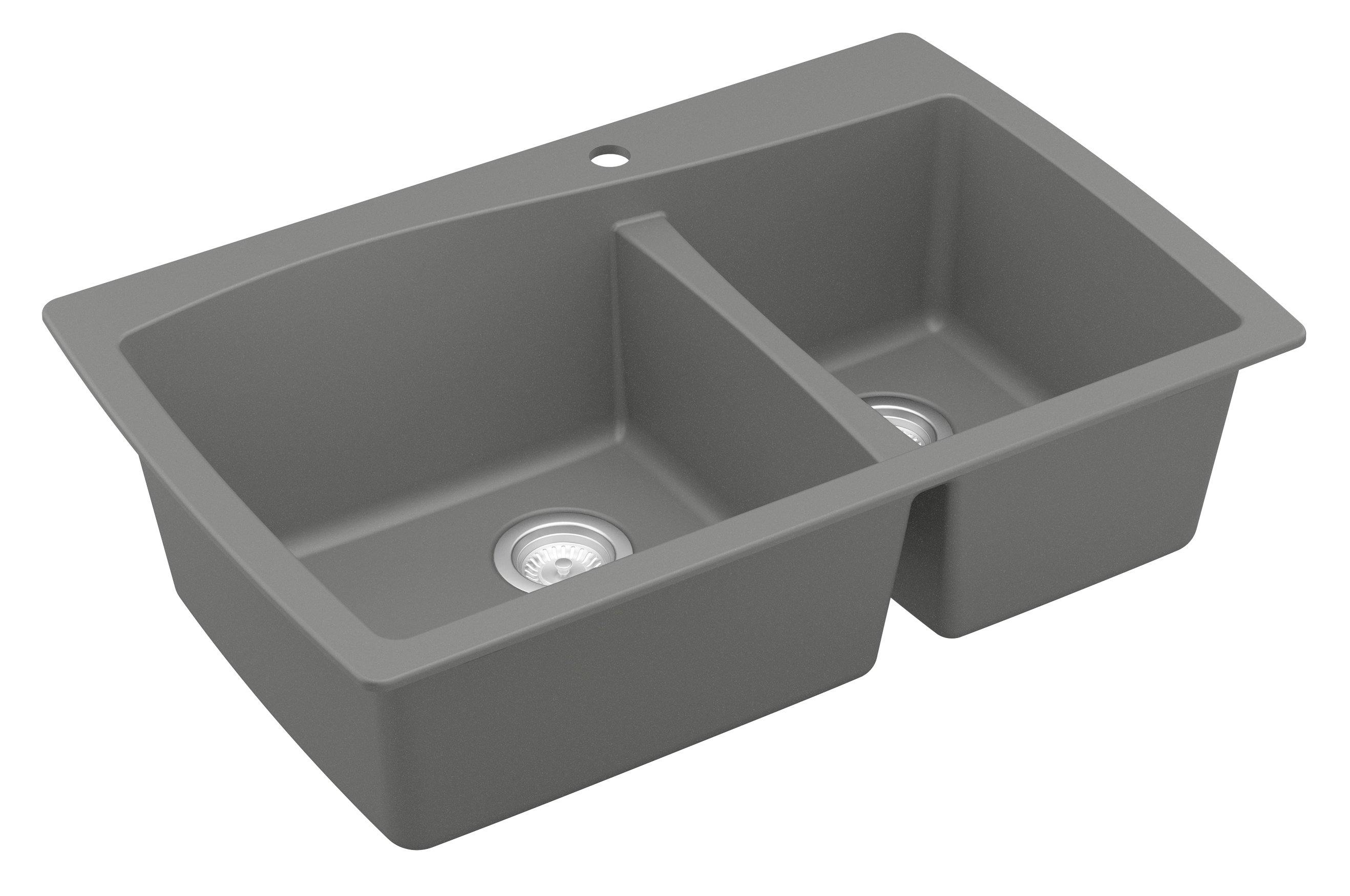 Karran 34" Drop In/Topmount Quartz Composite Kitchen Sink, 60/40 Double Bowl, Grey, QT-721-GR