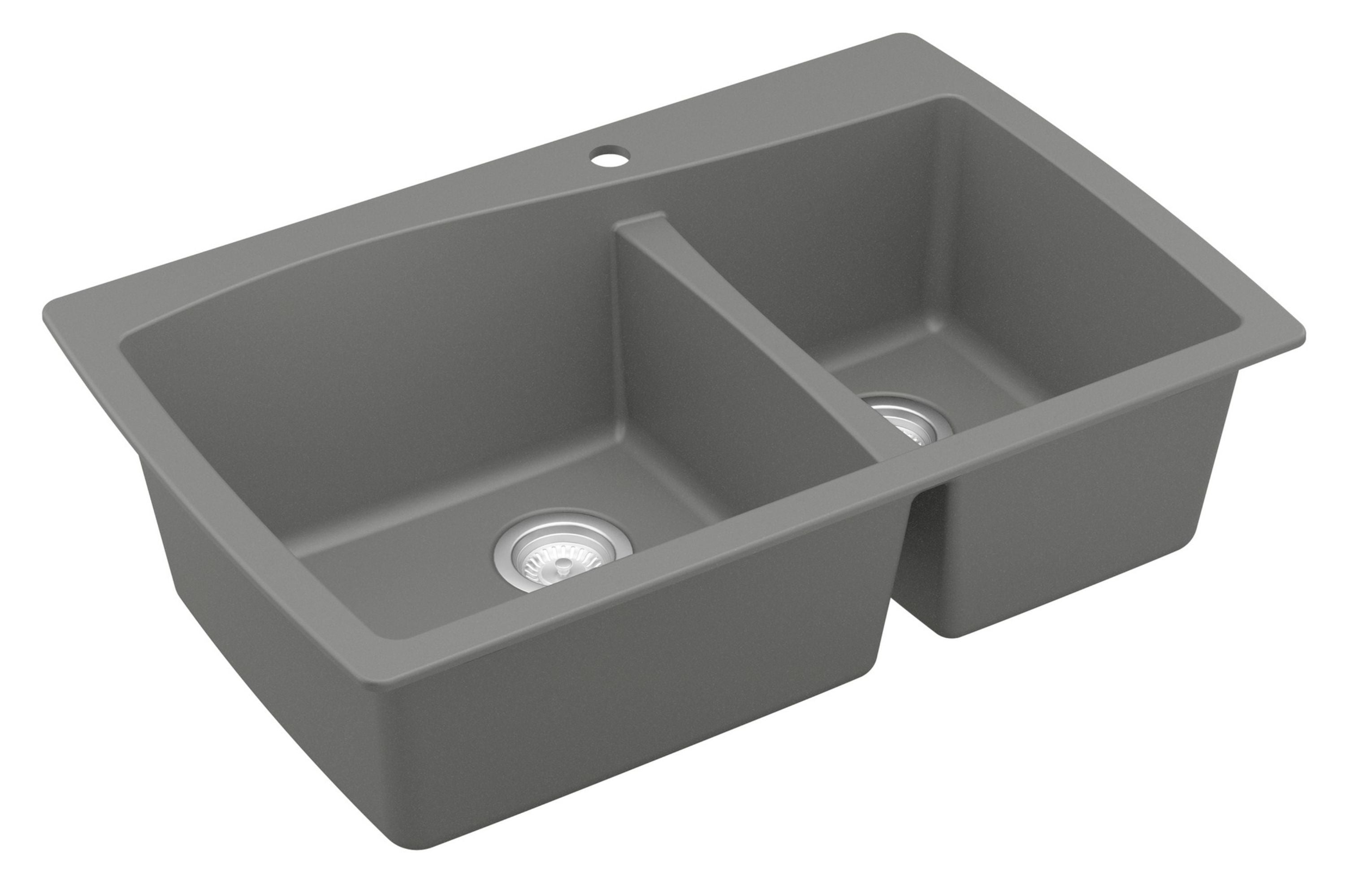 Alternate Image for Karran 34" Drop In/Topmount Quartz Composite Kitchen Sink with Accessories, 60/40 Double Bowl, Grey, QT-721-GR-PK1