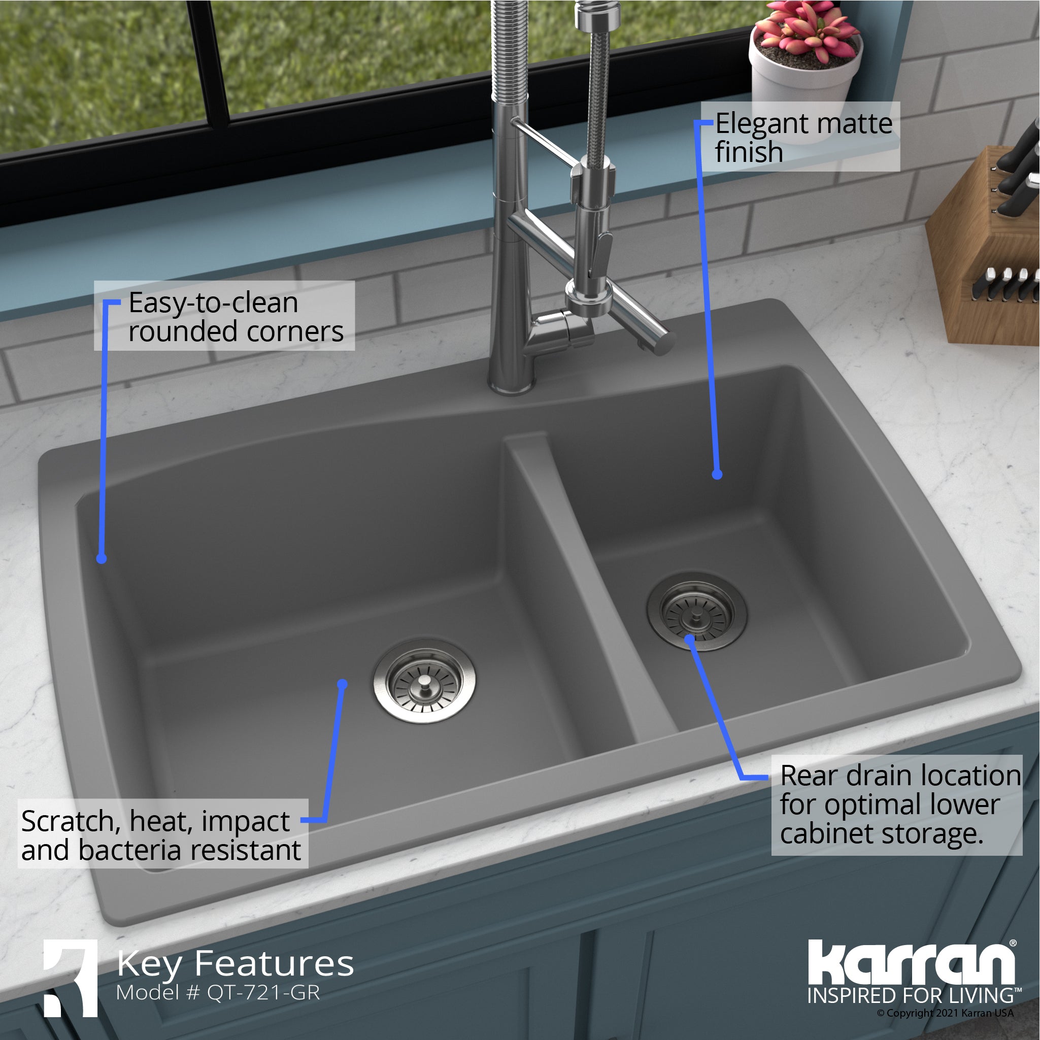 Alternate Image for Karran 34" Drop In/Topmount Quartz Composite Kitchen Sink with Accessories, 60/40 Double Bowl, Grey, QT-721-GR-PK1