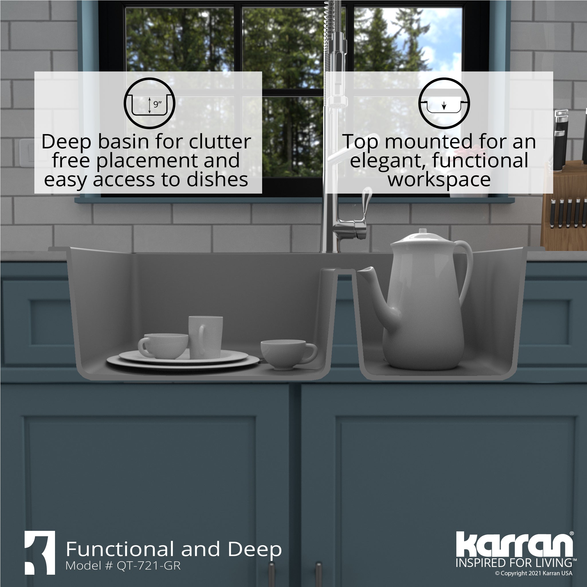Alternate Image for Karran 34" Drop In/Topmount Quartz Composite Kitchen Sink with Accessories, 60/40 Double Bowl, Grey, QT-721-GR-PK1