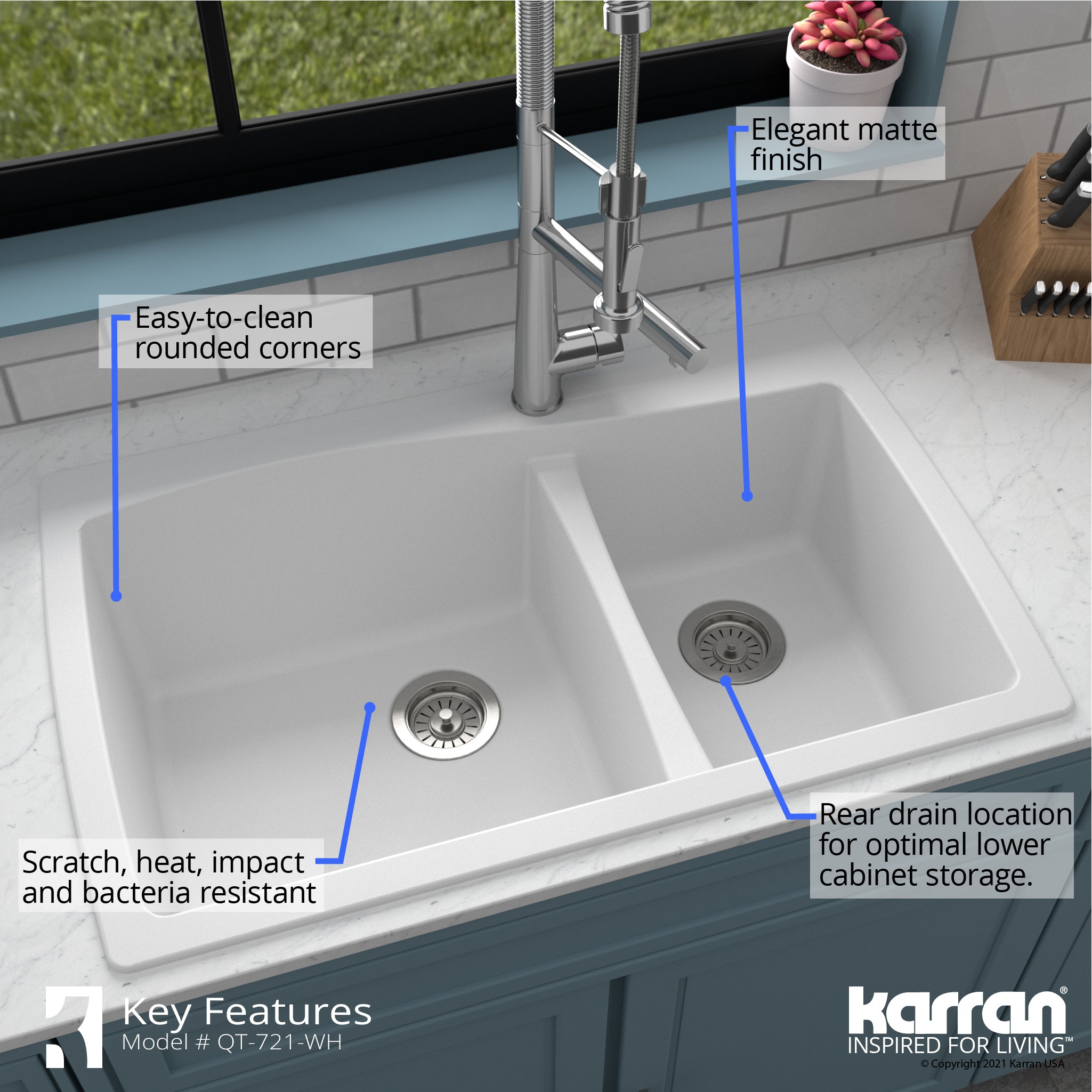 Alternate Image for Karran 34" Drop In/Topmount Quartz Composite Kitchen Sink with Accessories, 60/40 Double Bowl, White, QT-721-WH-PK1