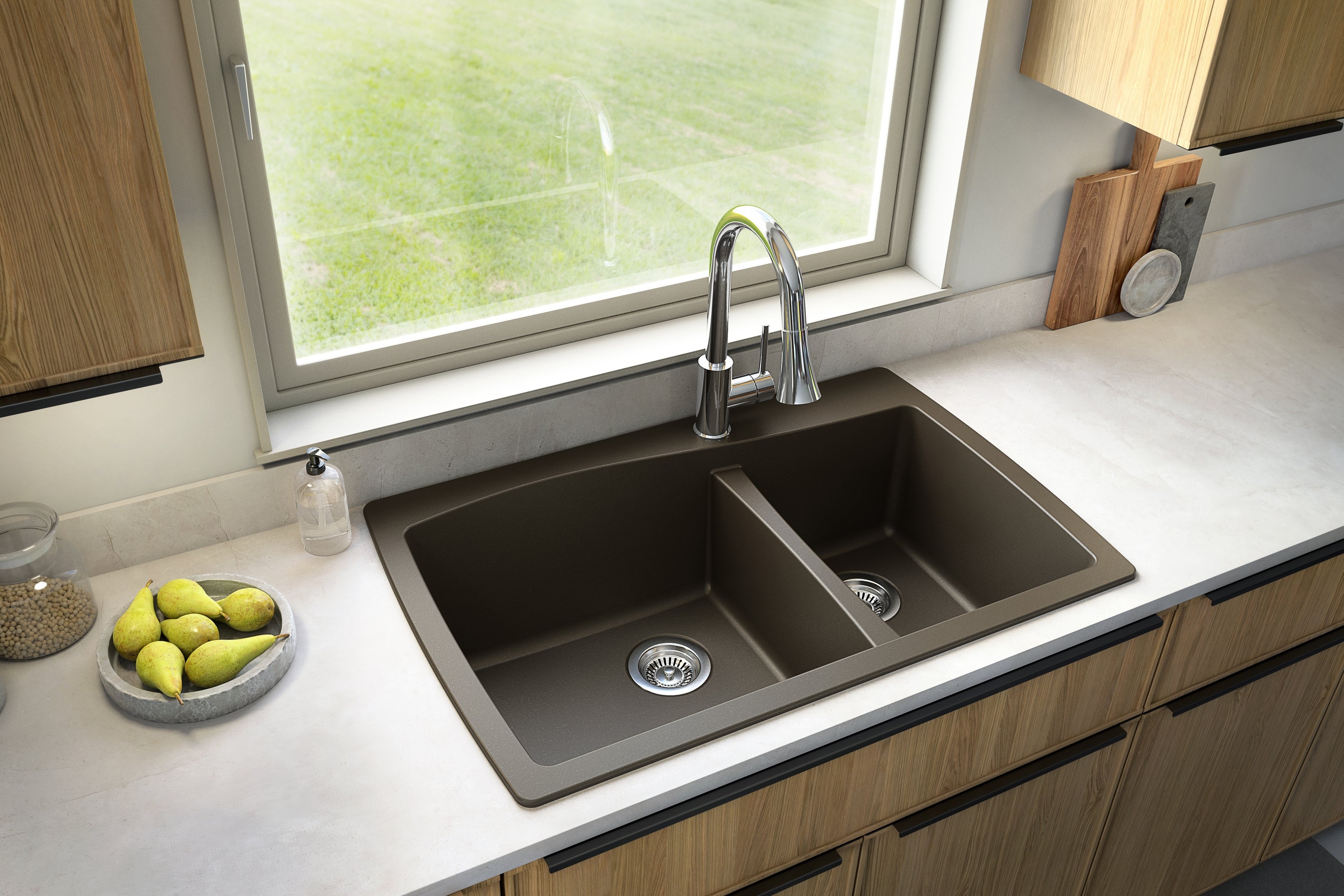Karran 34" Drop In/Topmount Quartz Composite Kitchen Sink with Accessories, 60/40 Double Bowl, Brown, QT-721-BR-PK1