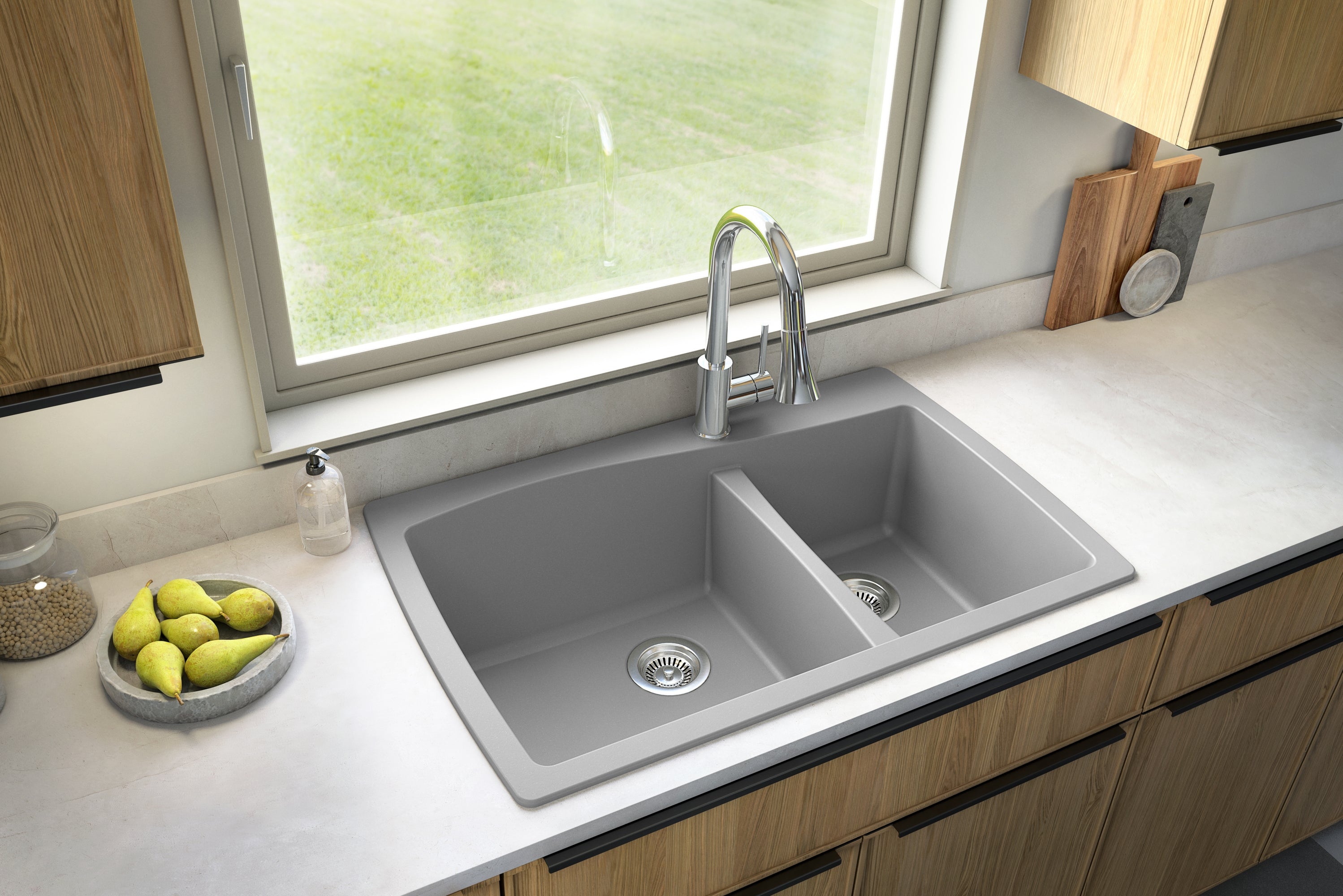 Karran 34" Drop In/Topmount Quartz Composite Kitchen Sink with Accessories, 60/40 Double Bowl, Grey, QT-721-GR-PK1