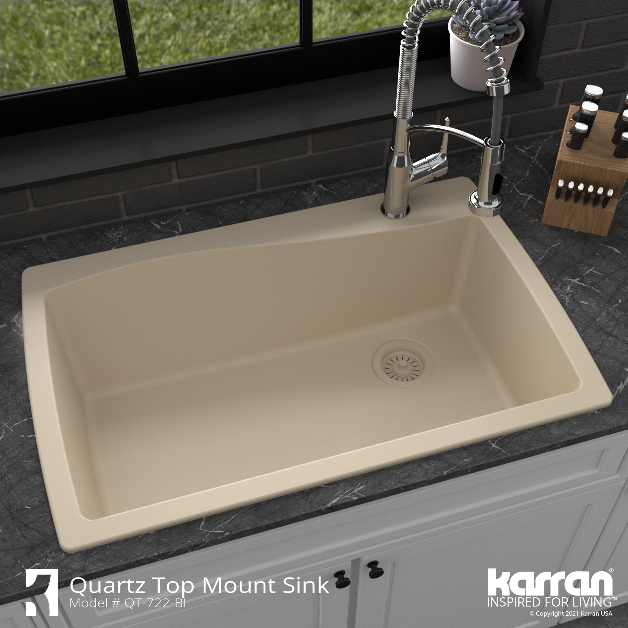 Alternate Image for Karran 34" Drop In/Topmount Quartz Composite Kitchen Sink with Accessories, Bisque, QT-722-BI-PK1