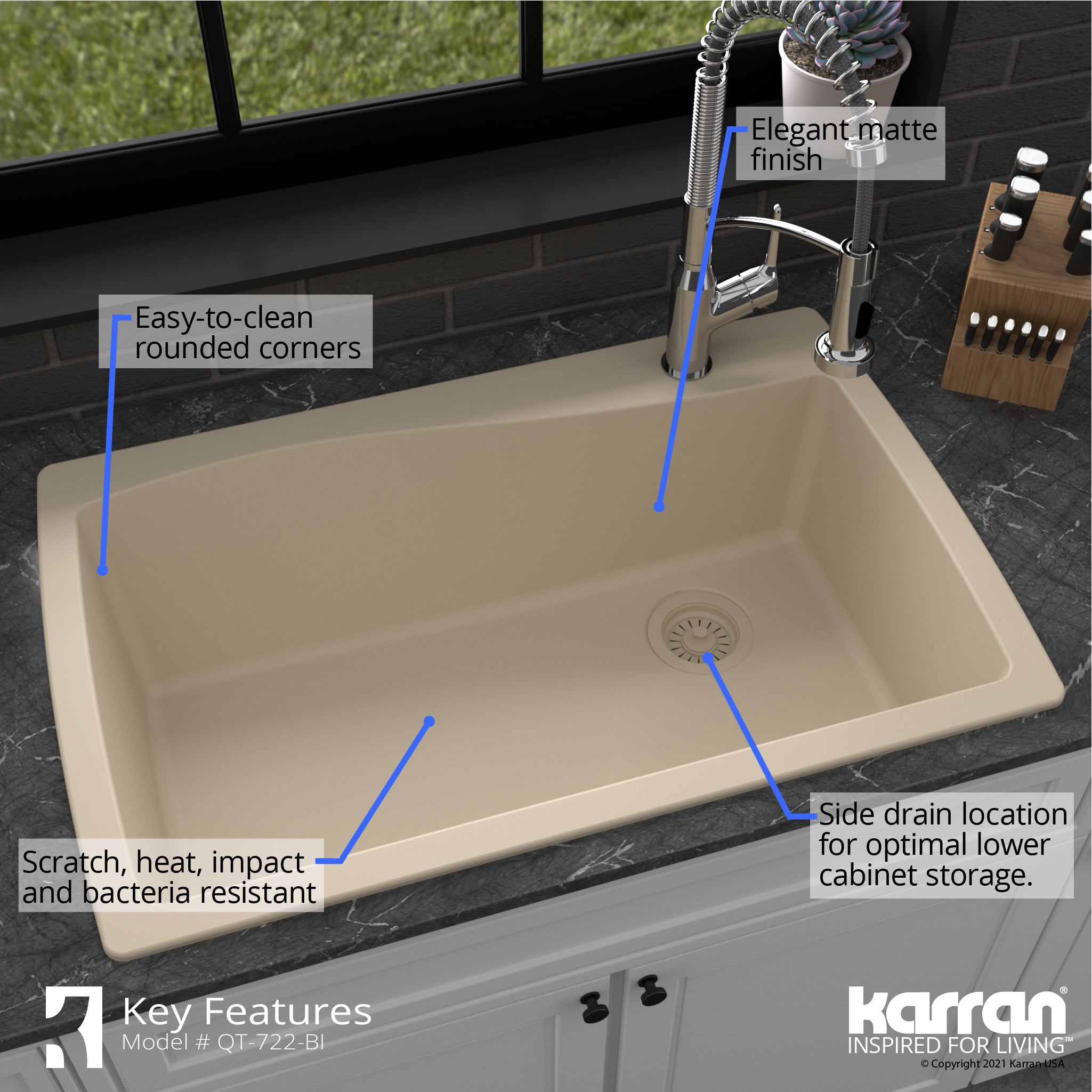 Alternate Image for Karran 34" Drop In/Topmount Quartz Composite Kitchen Sink with Accessories, Bisque, QT-722-BI-PK1