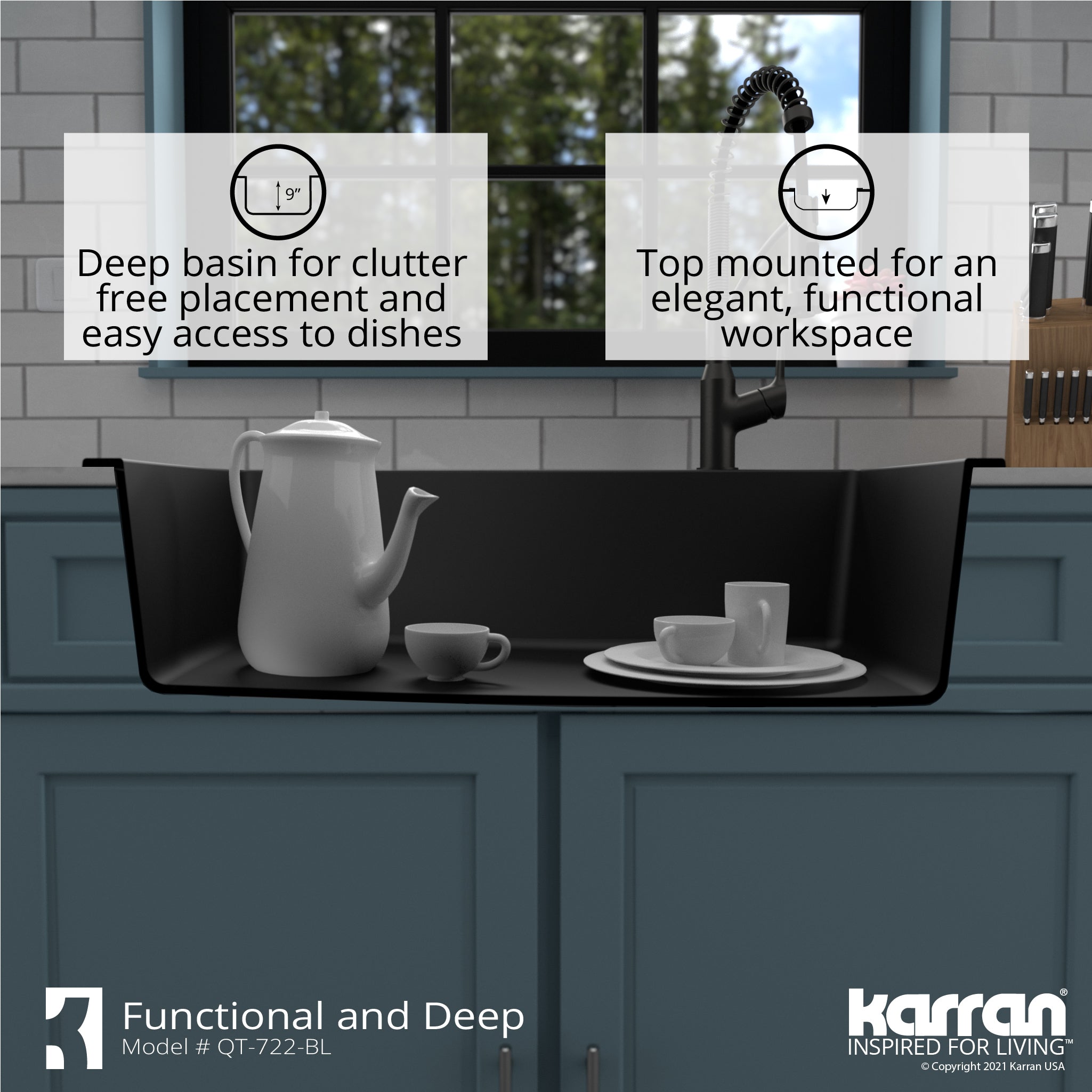 Alternate Image for Karran 34" Drop In/Topmount Quartz Composite Kitchen Sink with Accessories, Black, QT-722-BL-PK1