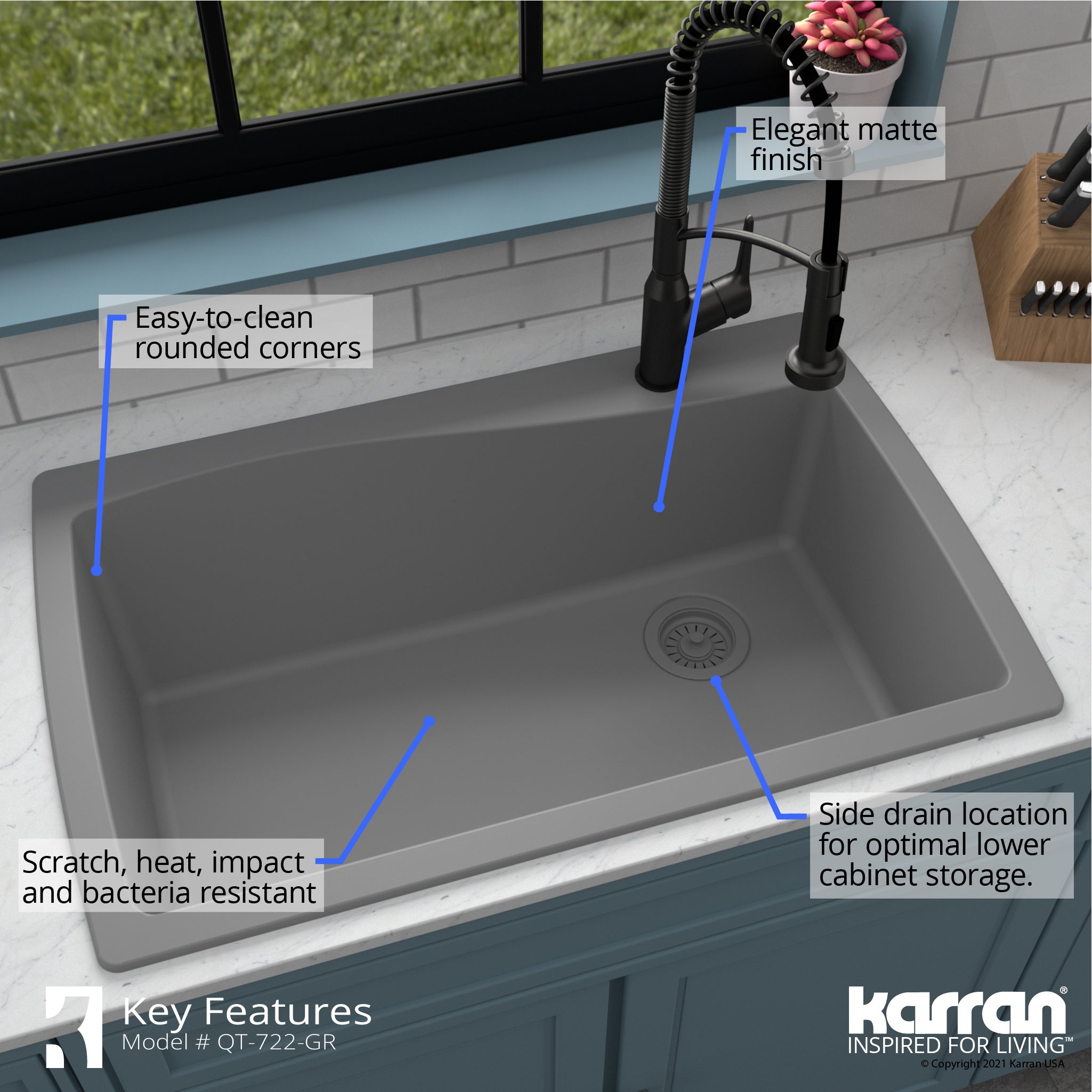 Alternate Image for Karran 34" Drop In/Topmount Quartz Composite Kitchen Sink with Accessories, Grey, QT-722-GR-PK1