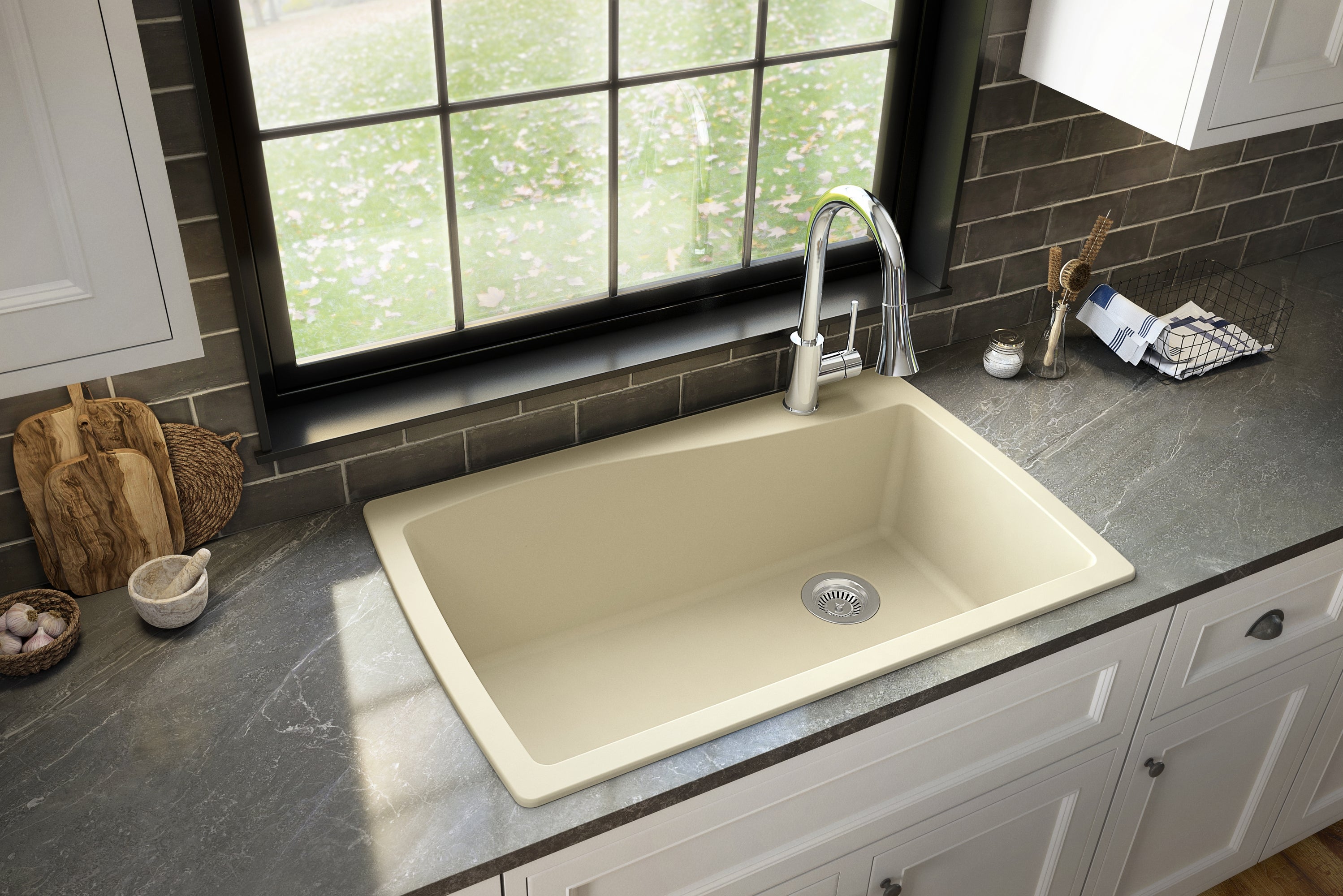 Alternate Image for Karran 34" Drop In/Topmount Quartz Composite Kitchen Sink with Accessories, Bisque, QT-722-BI-PK1