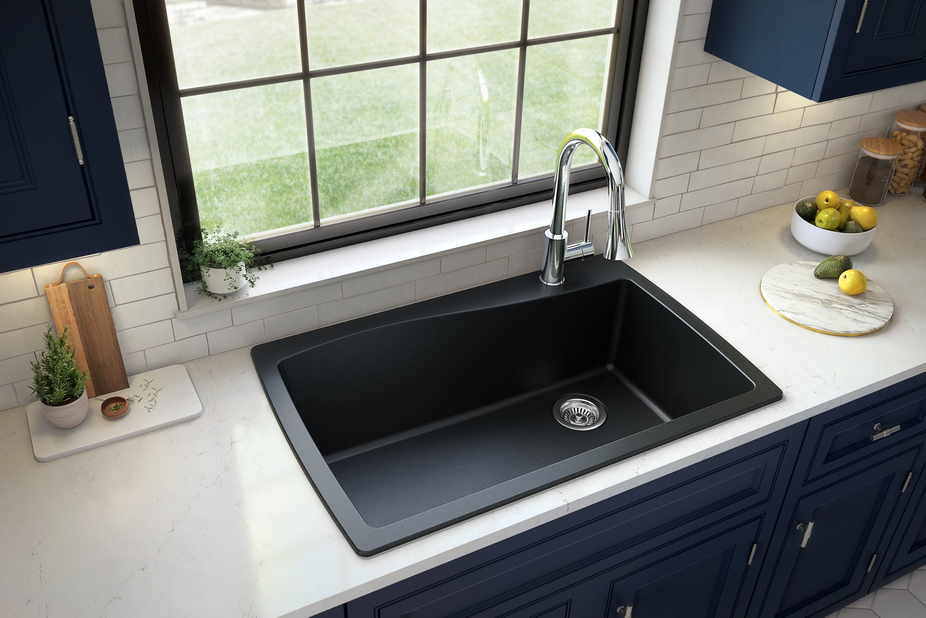 Karran 34" Drop In/Topmount Quartz Composite Kitchen Sink with Accessories, Black, QT-722-BL-PK1