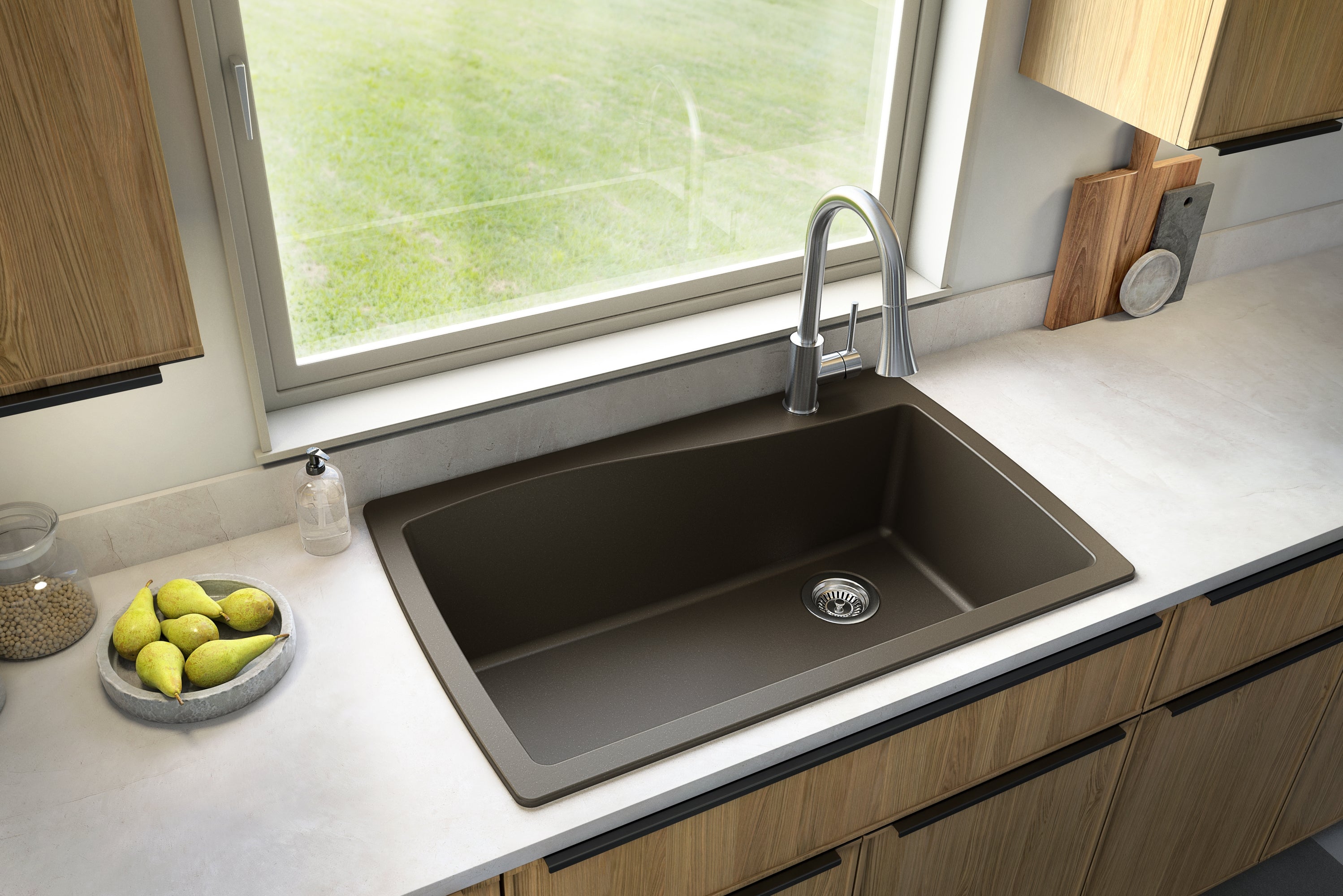Karran 34" Drop In/Topmount Quartz Composite Kitchen Sink with Accessories, Brown, QT-722-BR-PK1