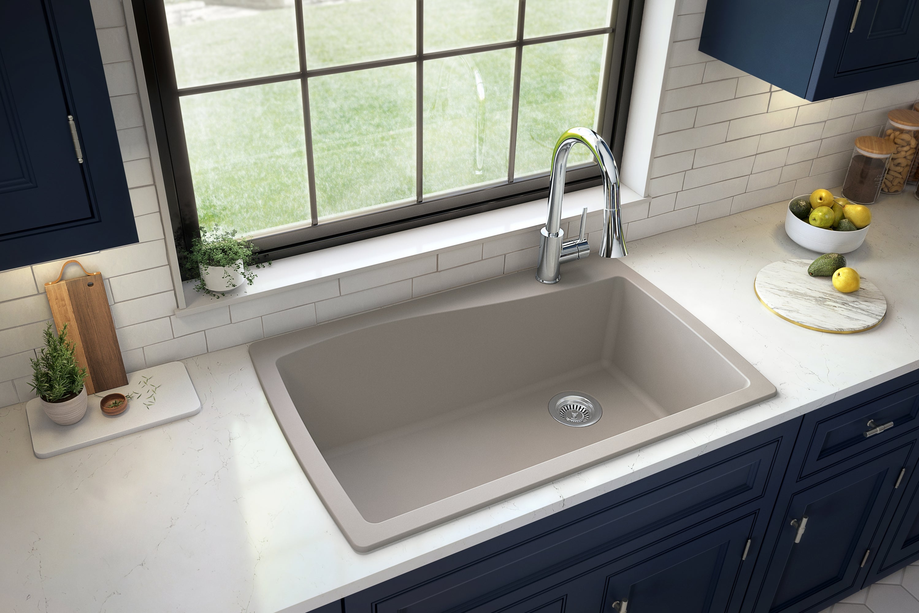 Alternate Image for Karran 34" Drop In/Topmount Quartz Composite Kitchen Sink with Accessories, Concrete, QT-722-CN-PK1