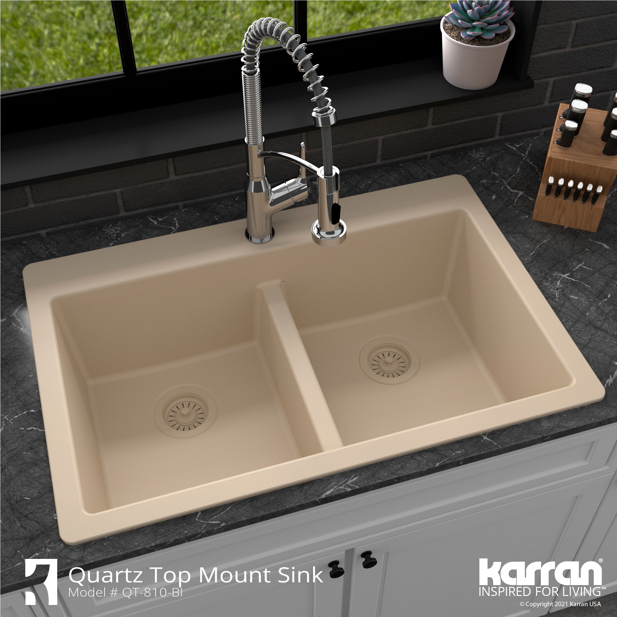 Alternate Image for Karran 33" Drop In/Topmount Quartz Composite Kitchen Sink with Accessories, 50/50 Double Bowl, Bisque, QT-810-BI-PK1