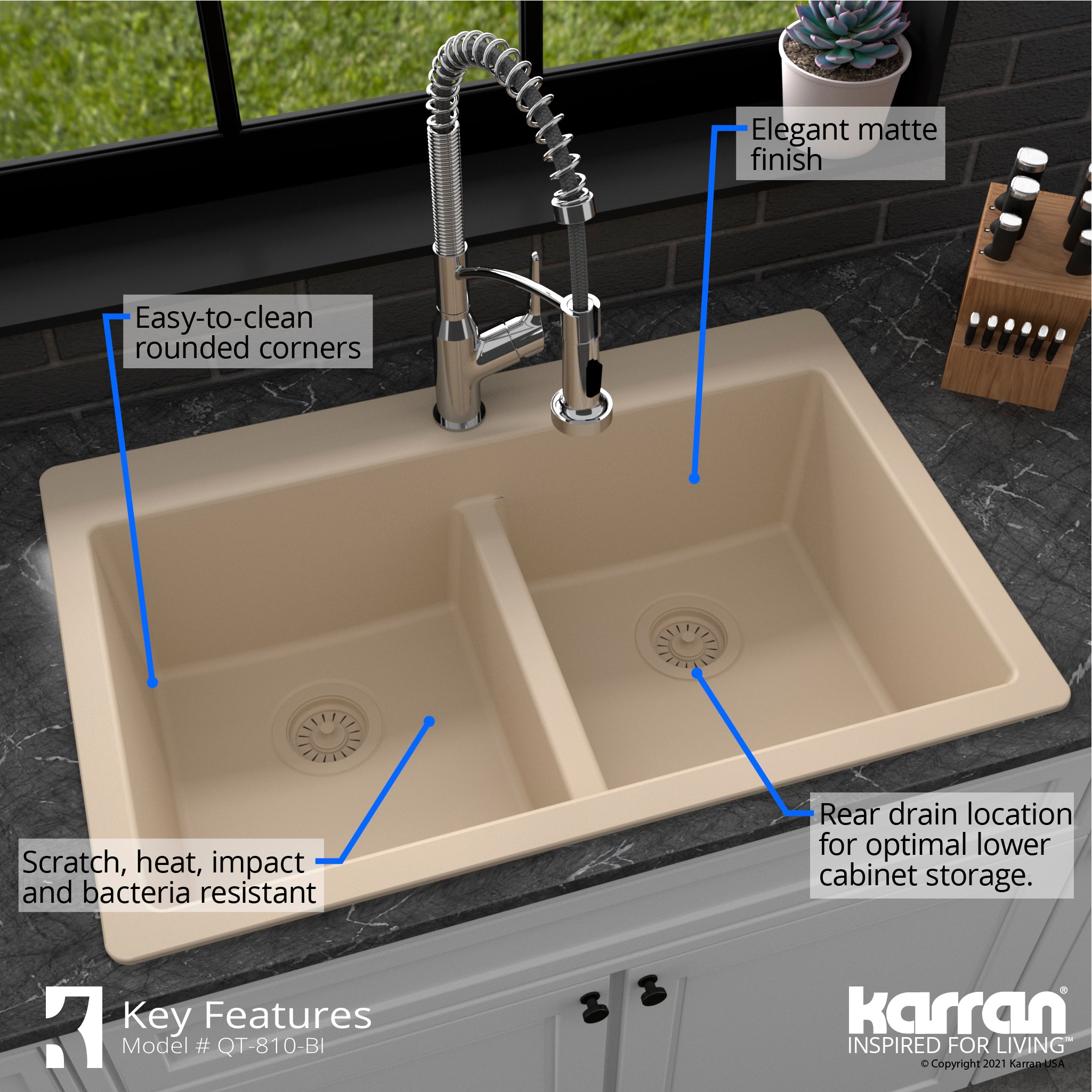 Alternate Image for Karran 33" Drop In/Topmount Quartz Composite Kitchen Sink with Accessories, 50/50 Double Bowl, Bisque, QT-810-BI-PK1