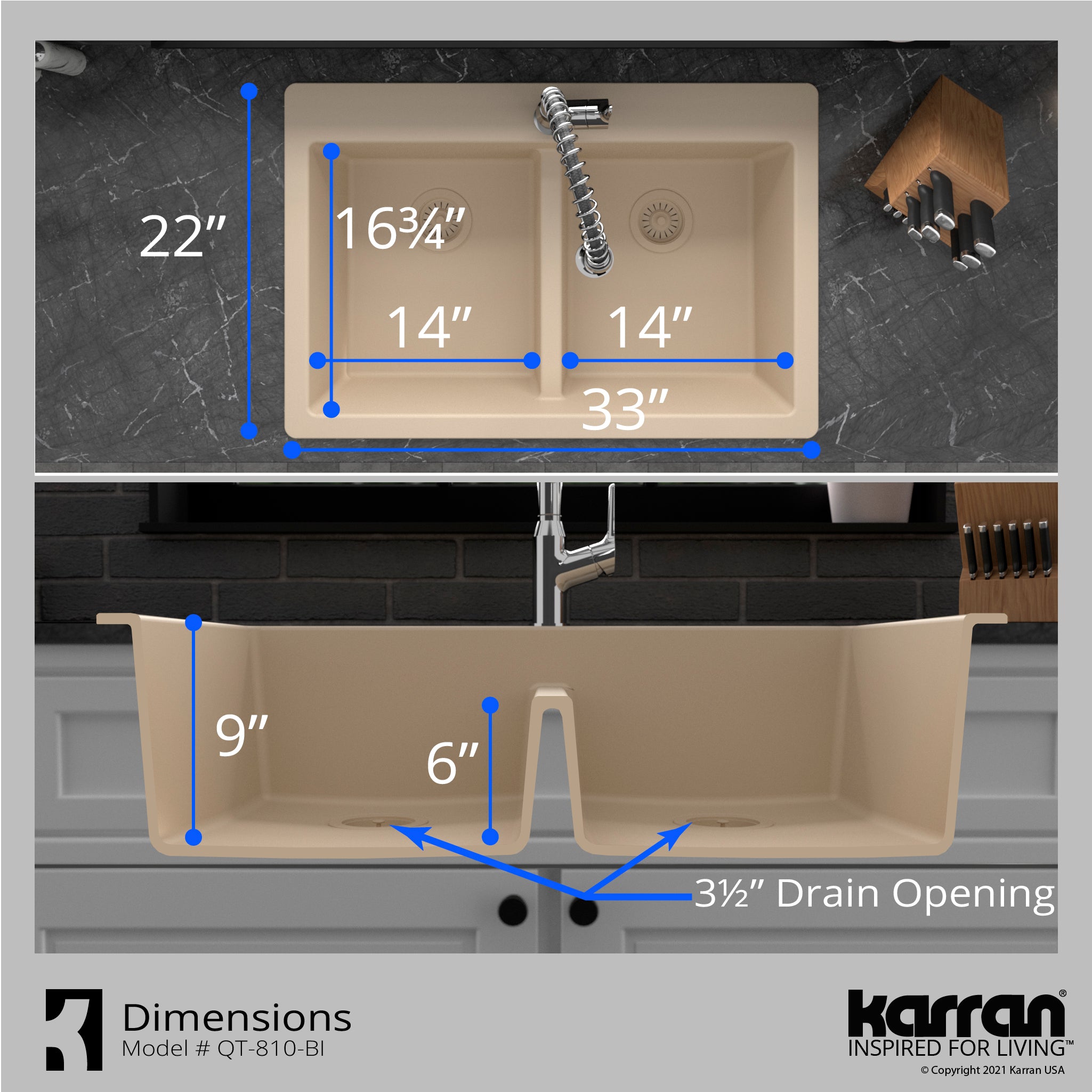 Alternate Image for Karran 33" Drop In/Topmount Quartz Composite Kitchen Sink with Accessories, 50/50 Double Bowl, Bisque, QT-810-BI-PK1