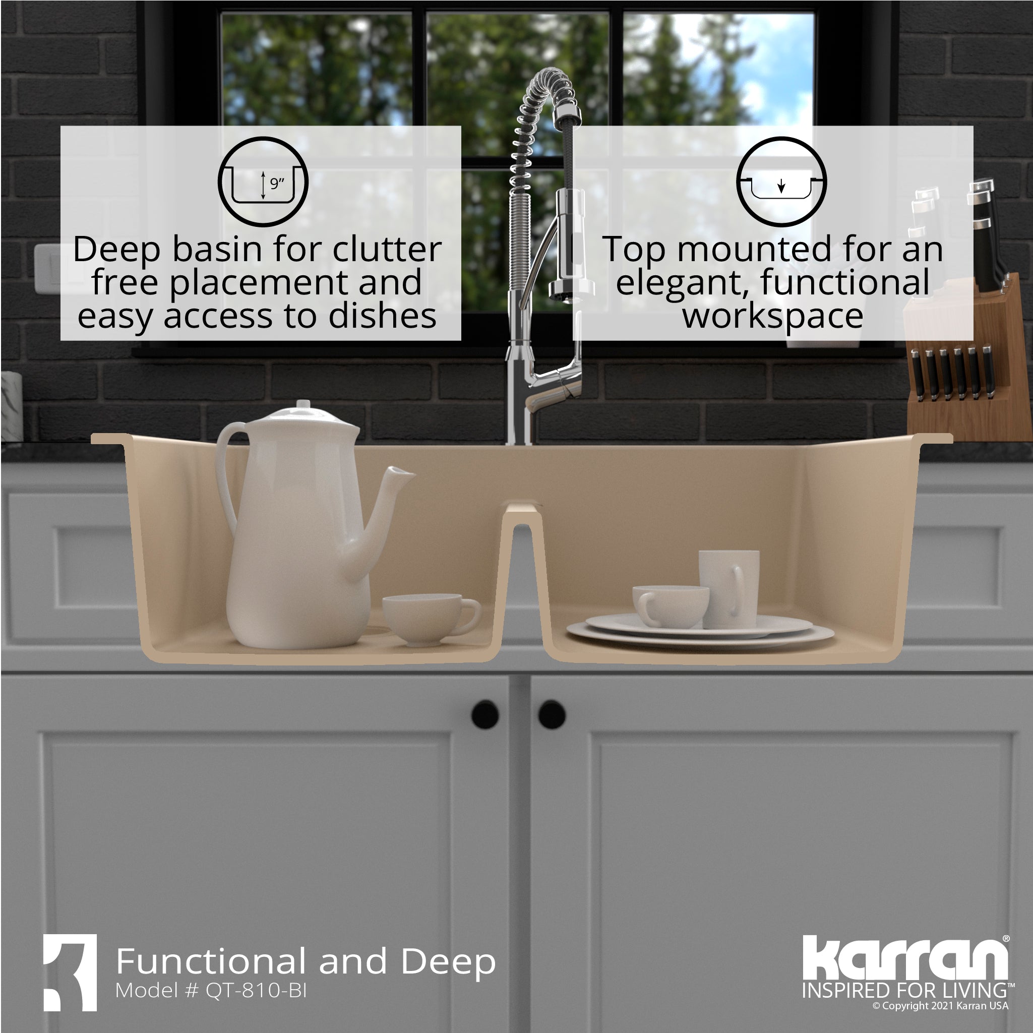 Alternate Image for Karran 33" Drop In/Topmount Quartz Composite Kitchen Sink with Accessories, 50/50 Double Bowl, Bisque, QT-810-BI-PK1