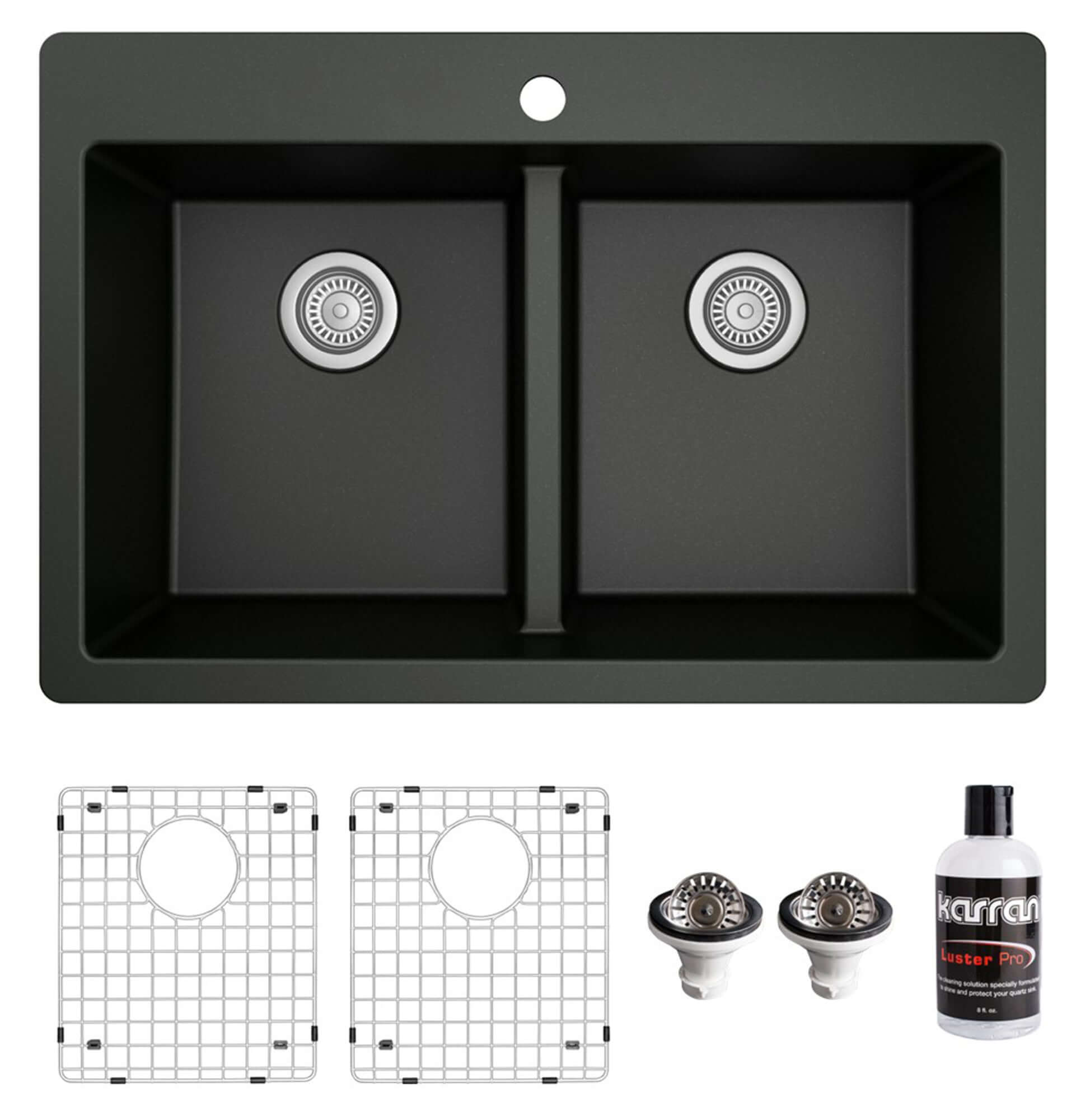 Alternate Image for Karran 33" Drop In/Topmount Quartz Composite Kitchen Sink with Accessories, 50/50 Double Bowl, Black, QT-810-BL-PK1