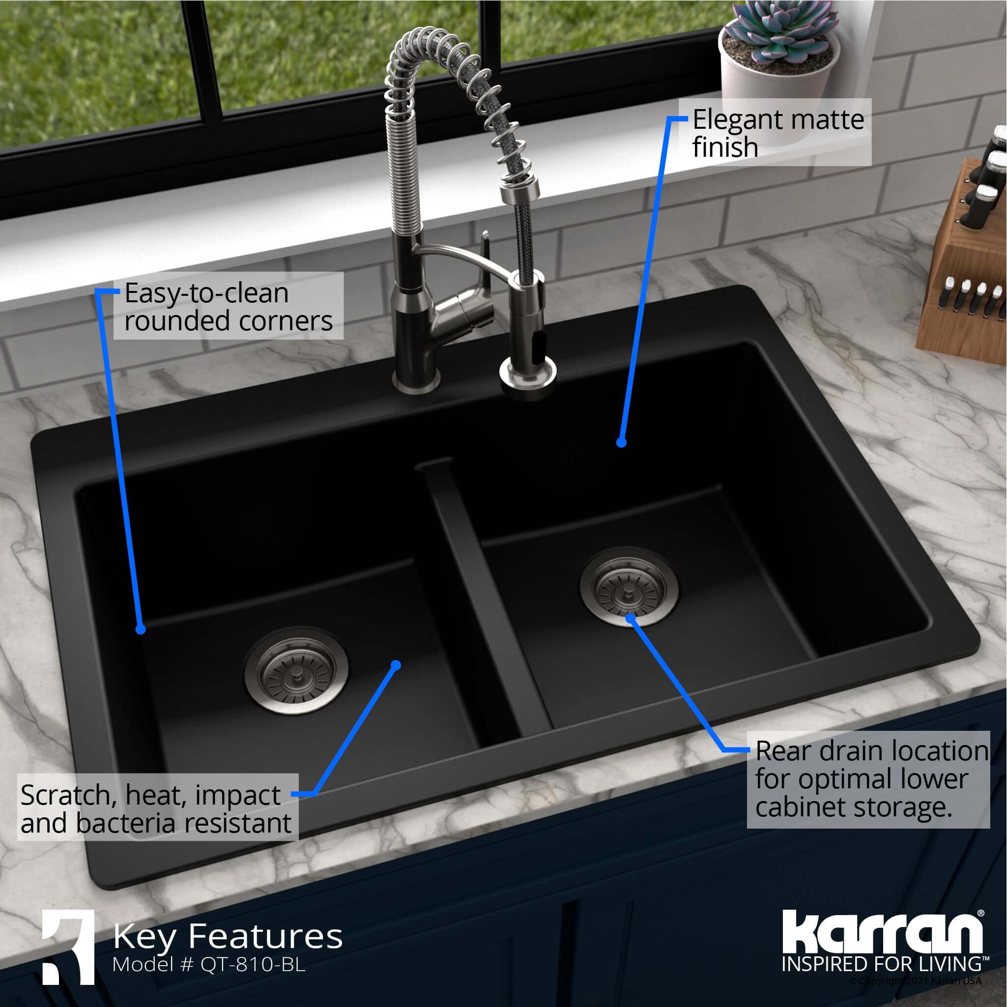 Alternate Image for Karran 33" Drop In/Topmount Quartz Composite Kitchen Sink with Accessories, 50/50 Double Bowl, Black, QT-810-BL-PK1