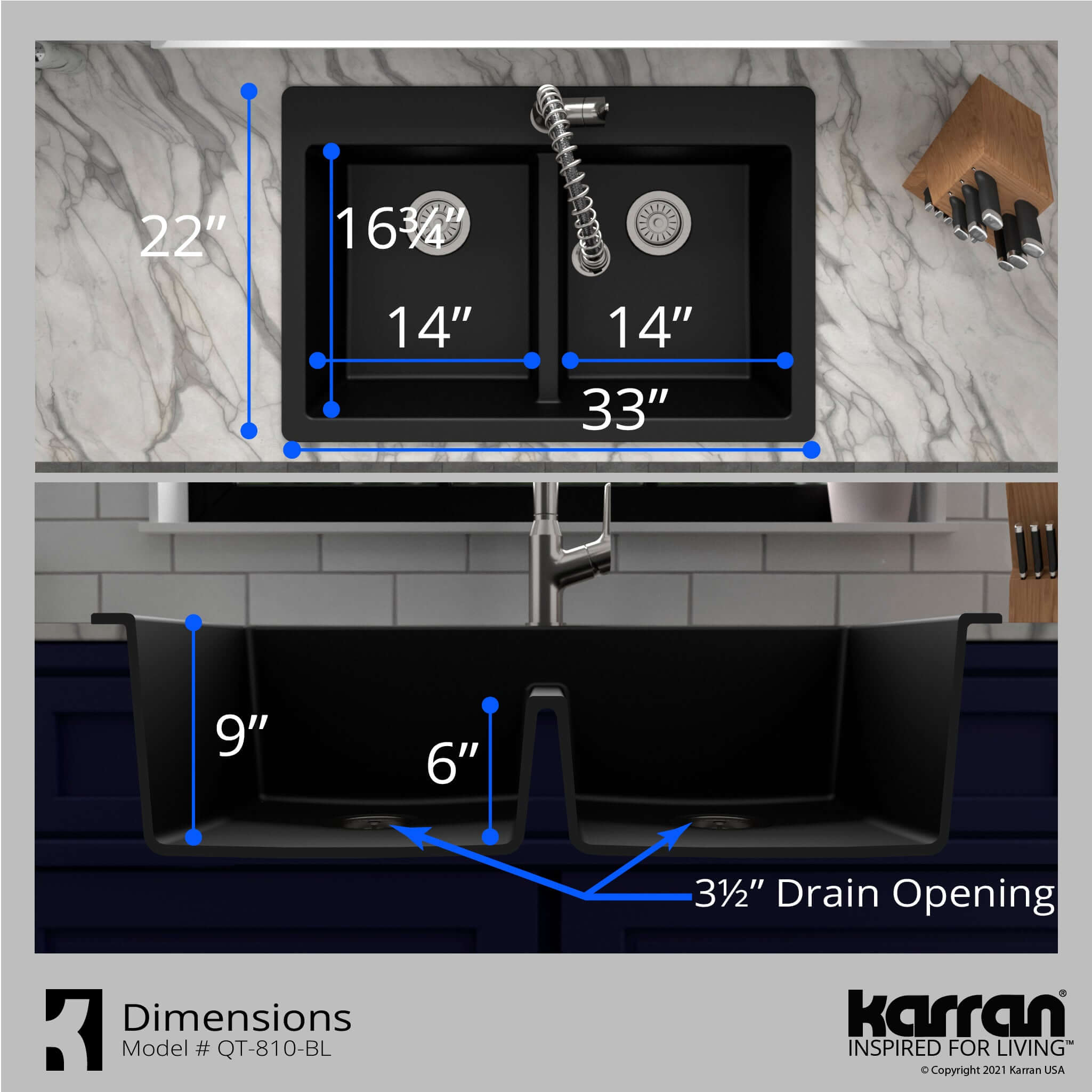Alternate Image for Karran 33" Drop In/Topmount Quartz Composite Kitchen Sink with Accessories, 50/50 Double Bowl, Black, QT-810-BL-PK1
