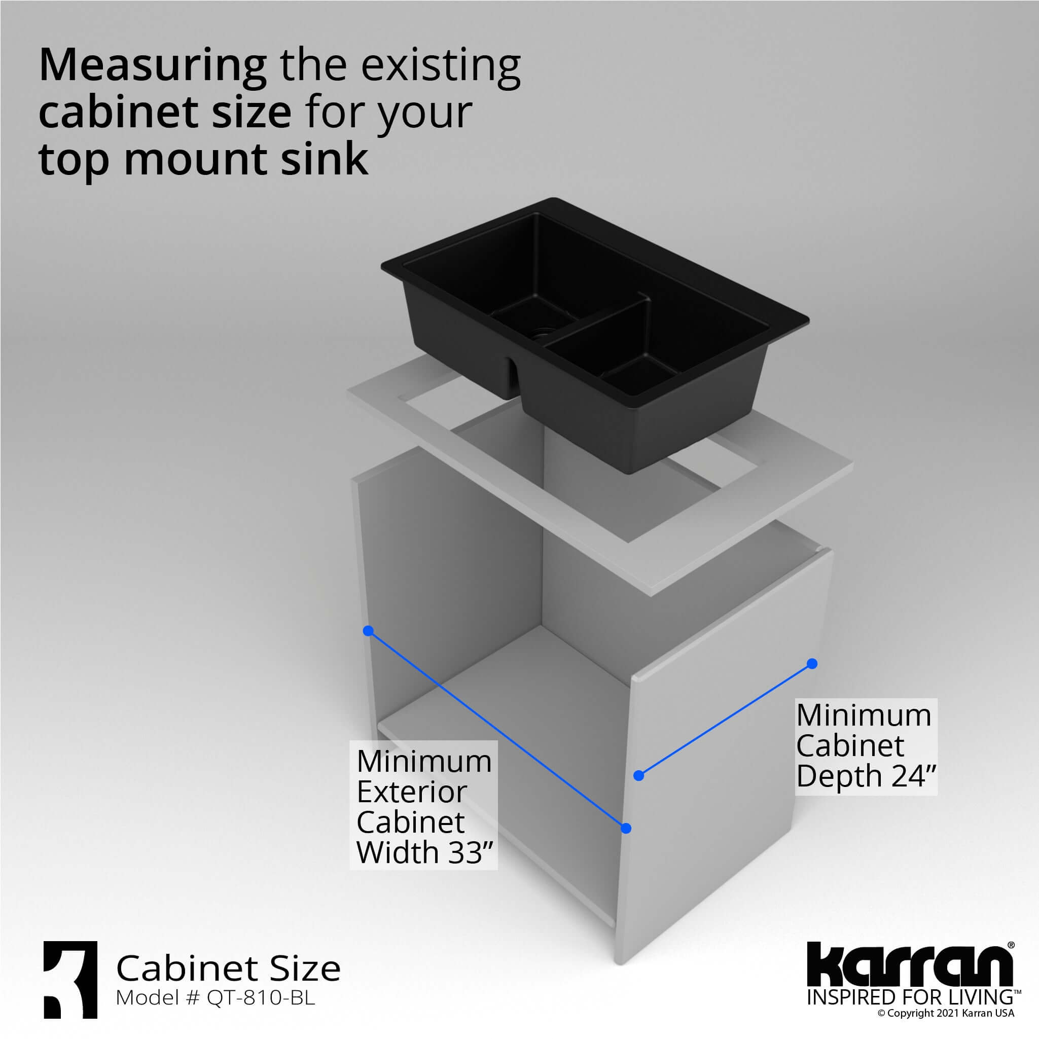 Alternate Image for Karran 33" Drop In/Topmount Quartz Composite Kitchen Sink with Accessories, 50/50 Double Bowl, Black, QT-810-BL-PK1
