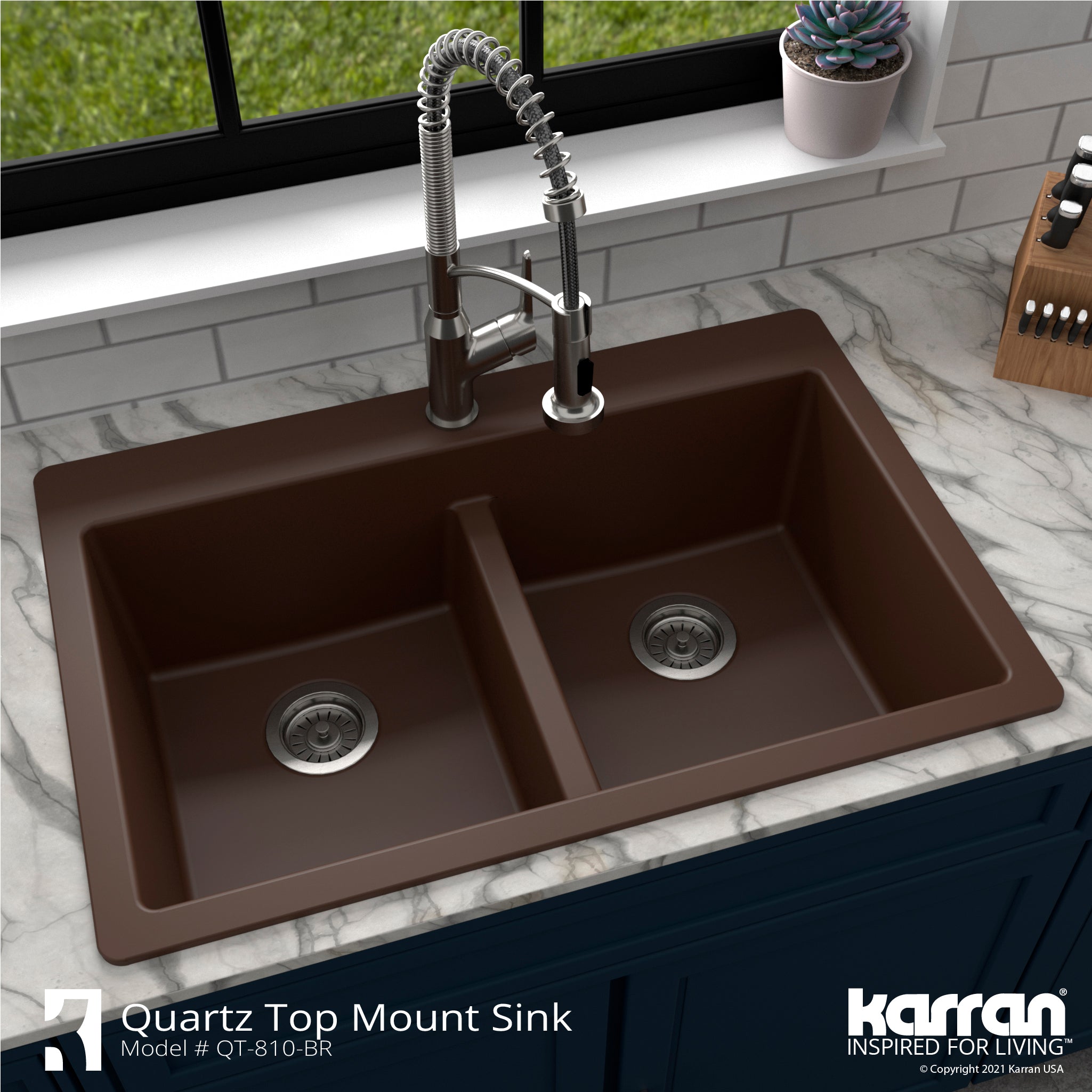 Alternate Image for Karran 33" Drop In/Topmount Quartz Composite Kitchen Sink with Accessories, 50/50 Double Bowl, Brown, QT-810-BR-PK1