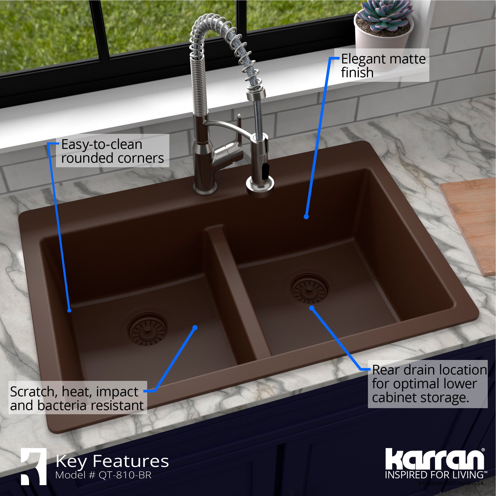 Alternate Image for Karran 33" Drop In/Topmount Quartz Composite Kitchen Sink with Accessories, 50/50 Double Bowl, Brown, QT-810-BR-PK1