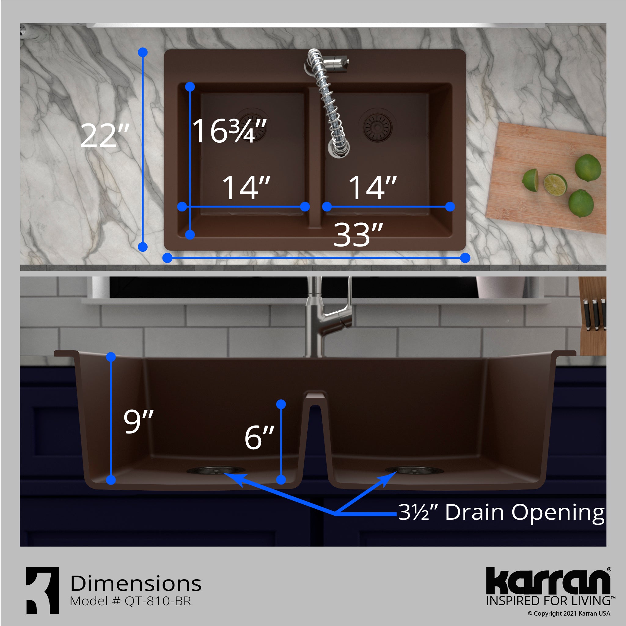 Alternate Image for Karran 33" Drop In/Topmount Quartz Composite Kitchen Sink with Accessories, 50/50 Double Bowl, Brown, QT-810-BR-PK1