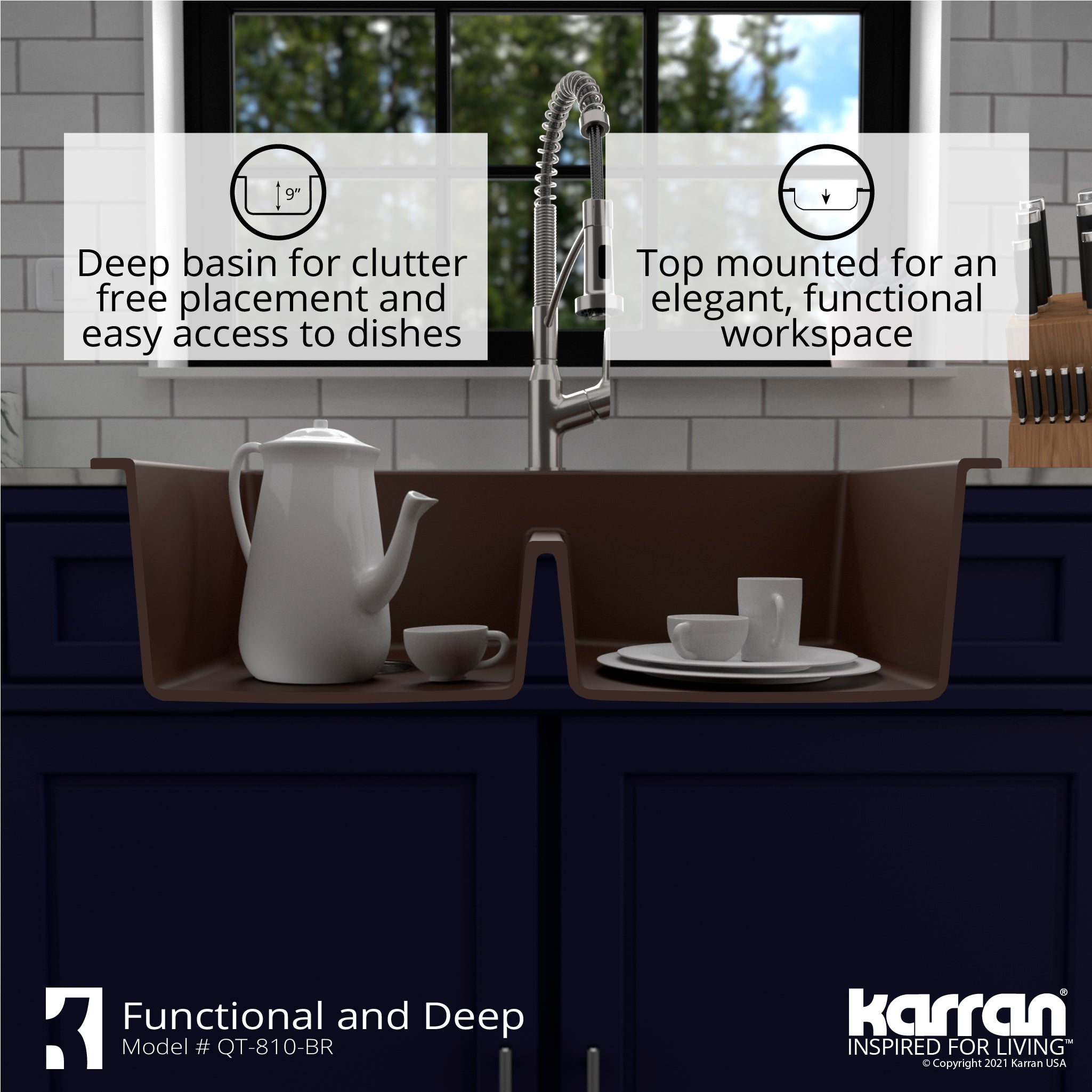 Alternate Image for Karran 33" Drop In/Topmount Quartz Composite Kitchen Sink with Accessories, 50/50 Double Bowl, Brown, QT-810-BR-PK1