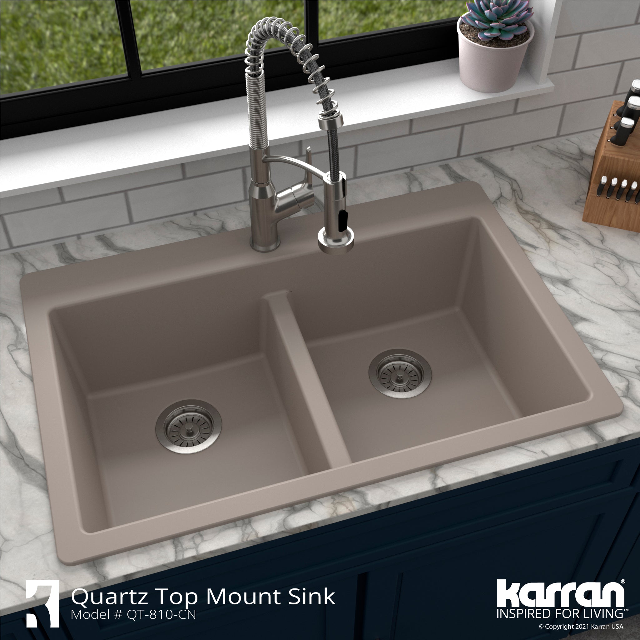 Alternate Image for Karran 33" Drop In/Topmount Quartz Composite Kitchen Sink with Accessories, 50/50 Double Bowl, Concrete, QT-810-CN-PK1