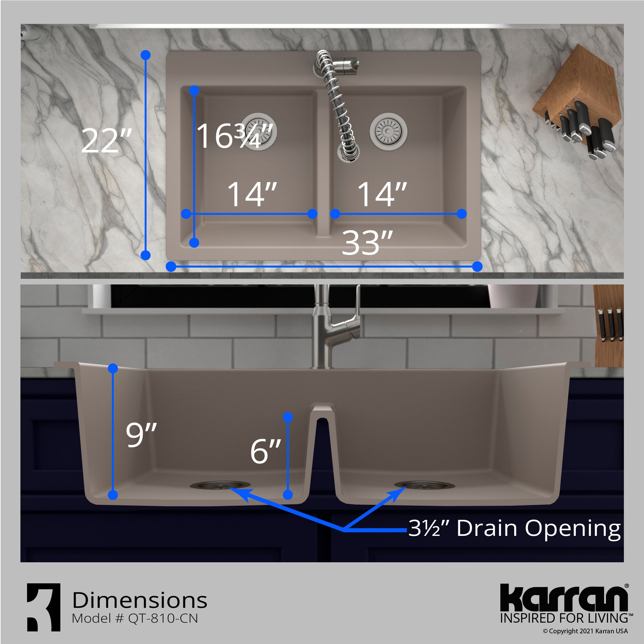 Alternate Image for Karran 33" Drop In/Topmount Quartz Composite Kitchen Sink with Accessories, 50/50 Double Bowl, Concrete, QT-810-CN-PK1