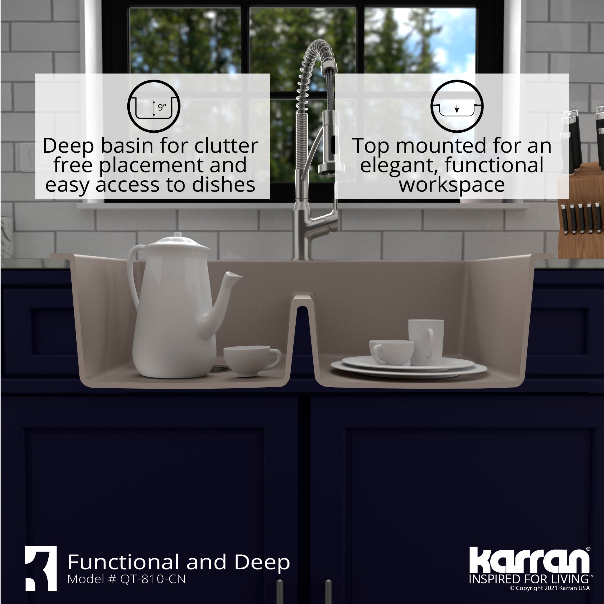Alternate Image for Karran 33" Drop In/Topmount Quartz Composite Kitchen Sink with Accessories, 50/50 Double Bowl, Concrete, QT-810-CN-PK1