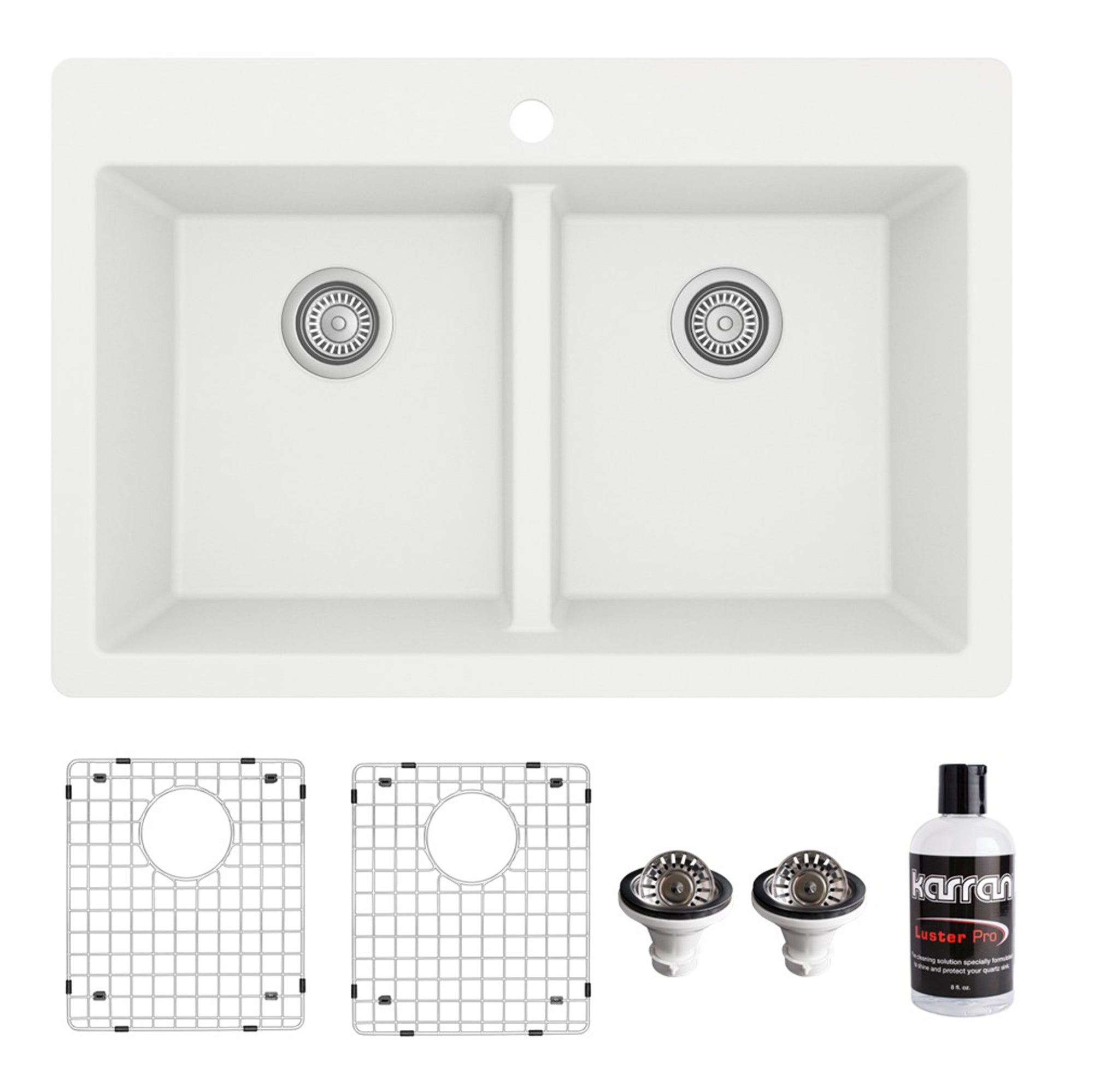 Karran 33" Drop In/Topmount Quartz Composite Kitchen Sink with Accessories, 50/50 Double Bowl, White, QT-810-WH-PK1