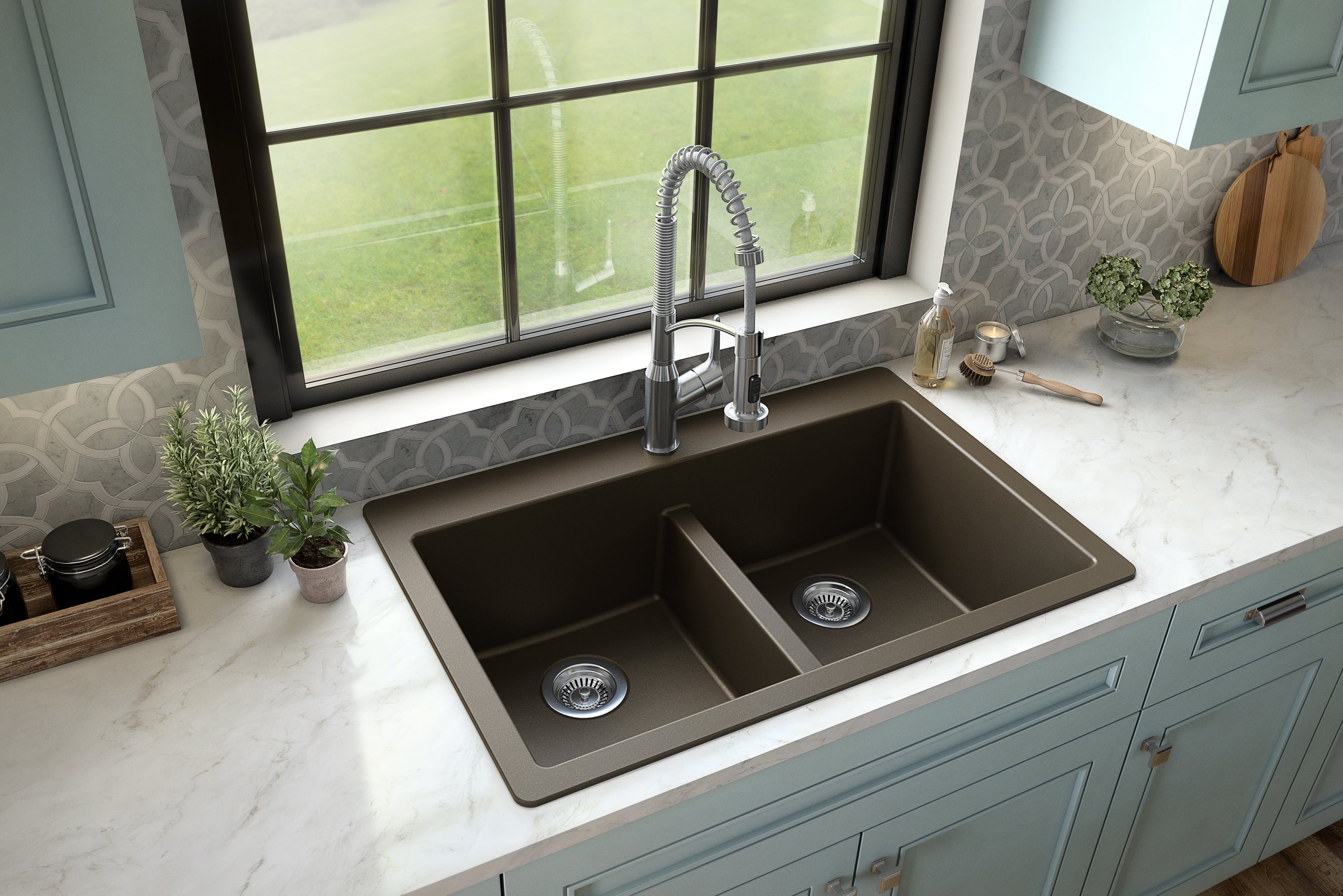 Karran 33" Drop In/Topmount Quartz Composite Kitchen Sink with Accessories, 50/50 Double Bowl, Brown, QT-810-BR-PK1