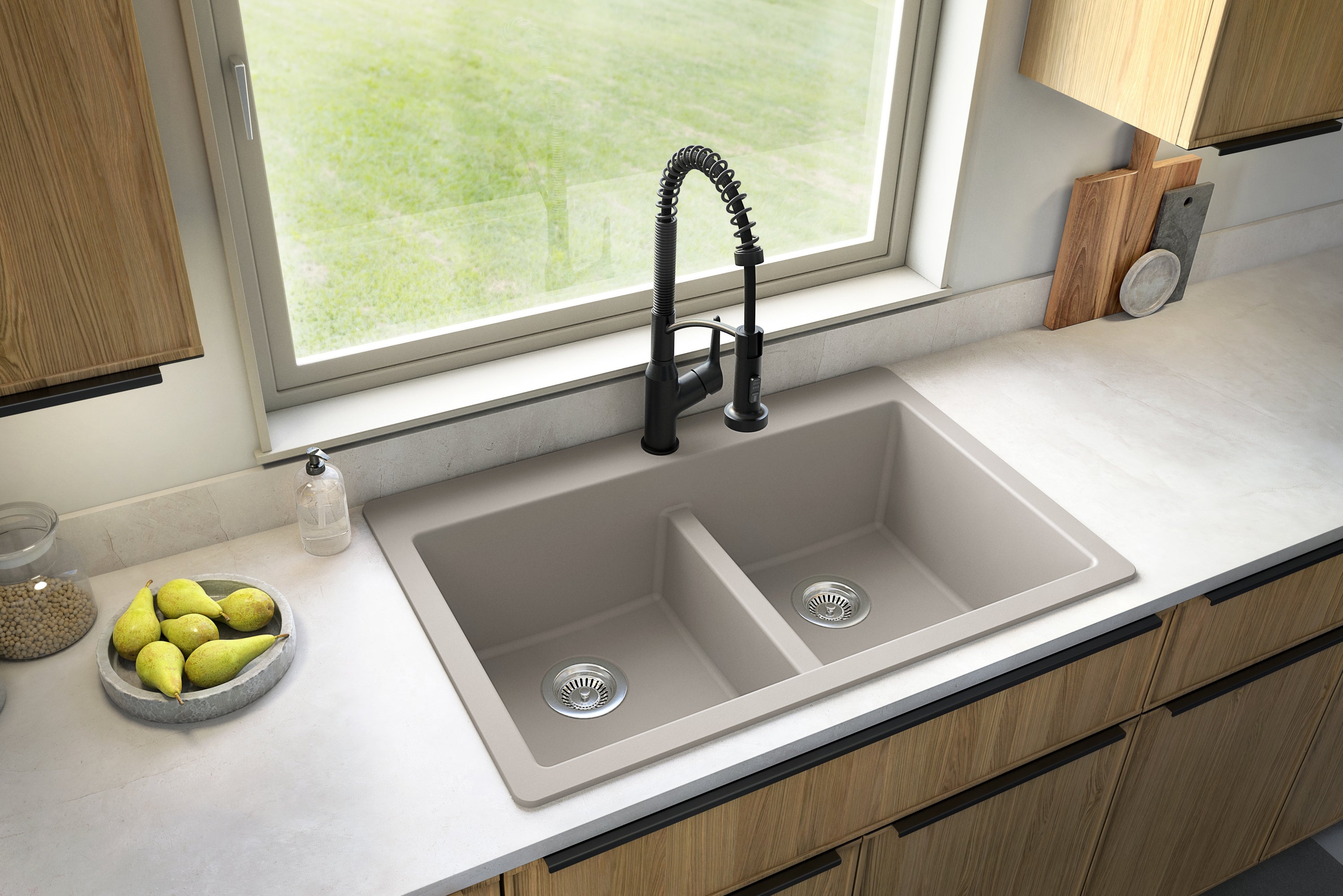 Karran 33" Drop In/Topmount Quartz Composite Kitchen Sink with Accessories, 50/50 Double Bowl, Concrete, QT-810-CN-PK1