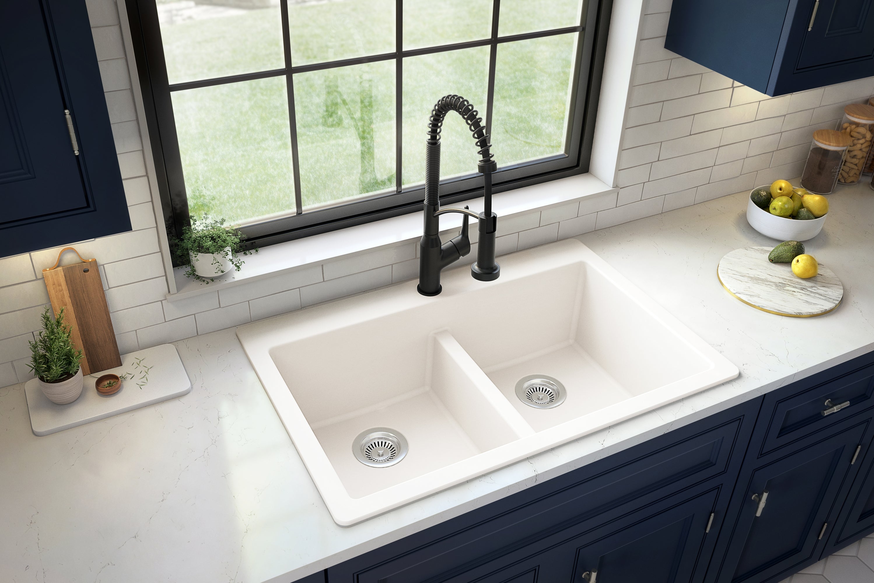 Karran 33" Drop In/Topmount Quartz Composite Kitchen Sink with Accessories, 50/50 Double Bowl, White, QT-810-WH-PK1