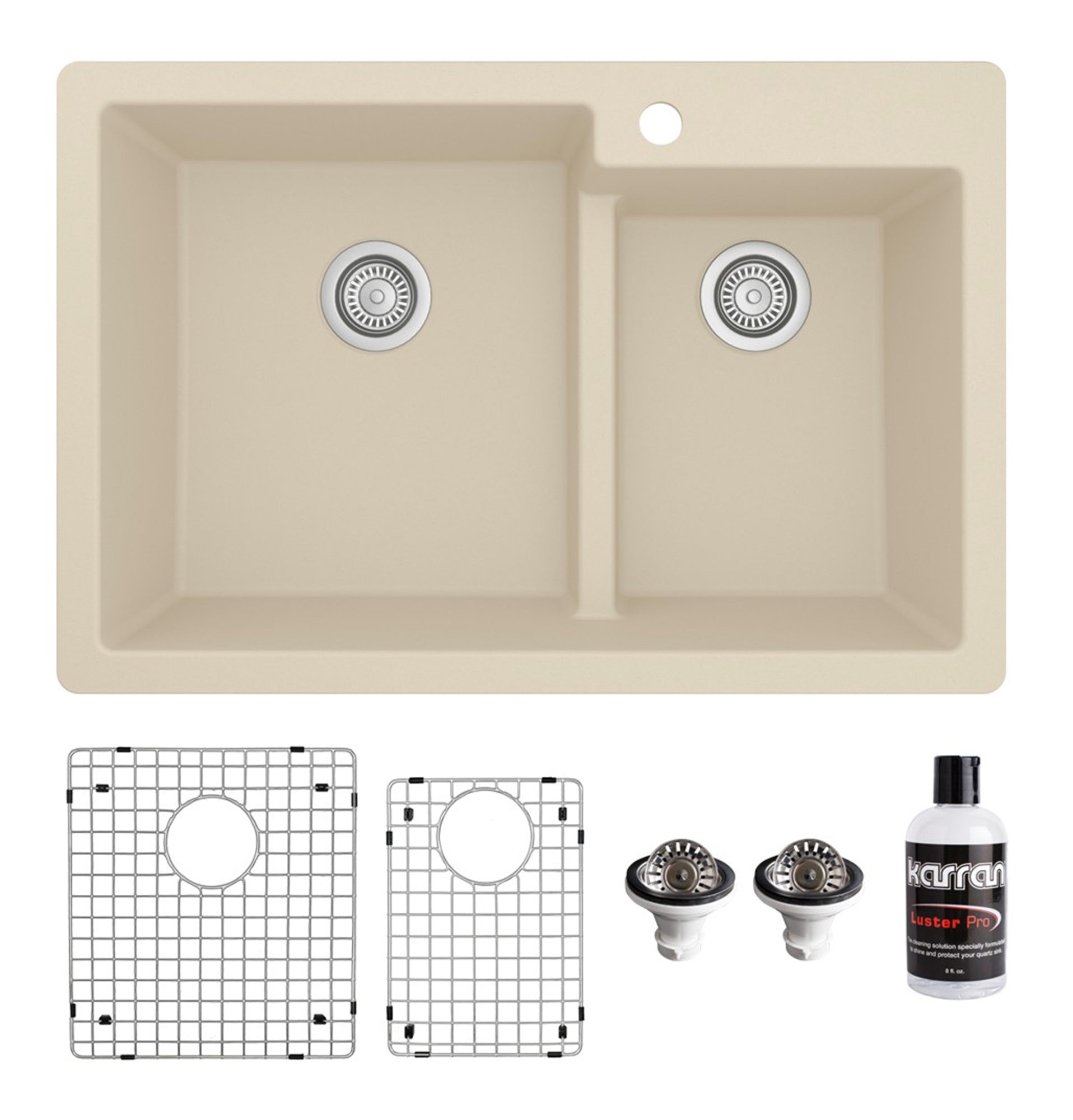 Karran 33" Drop In/Topmount Quartz Composite Kitchen Sink with Accessories, 60/40 Double Bowl, Bisque, QT-811-BI-PK1