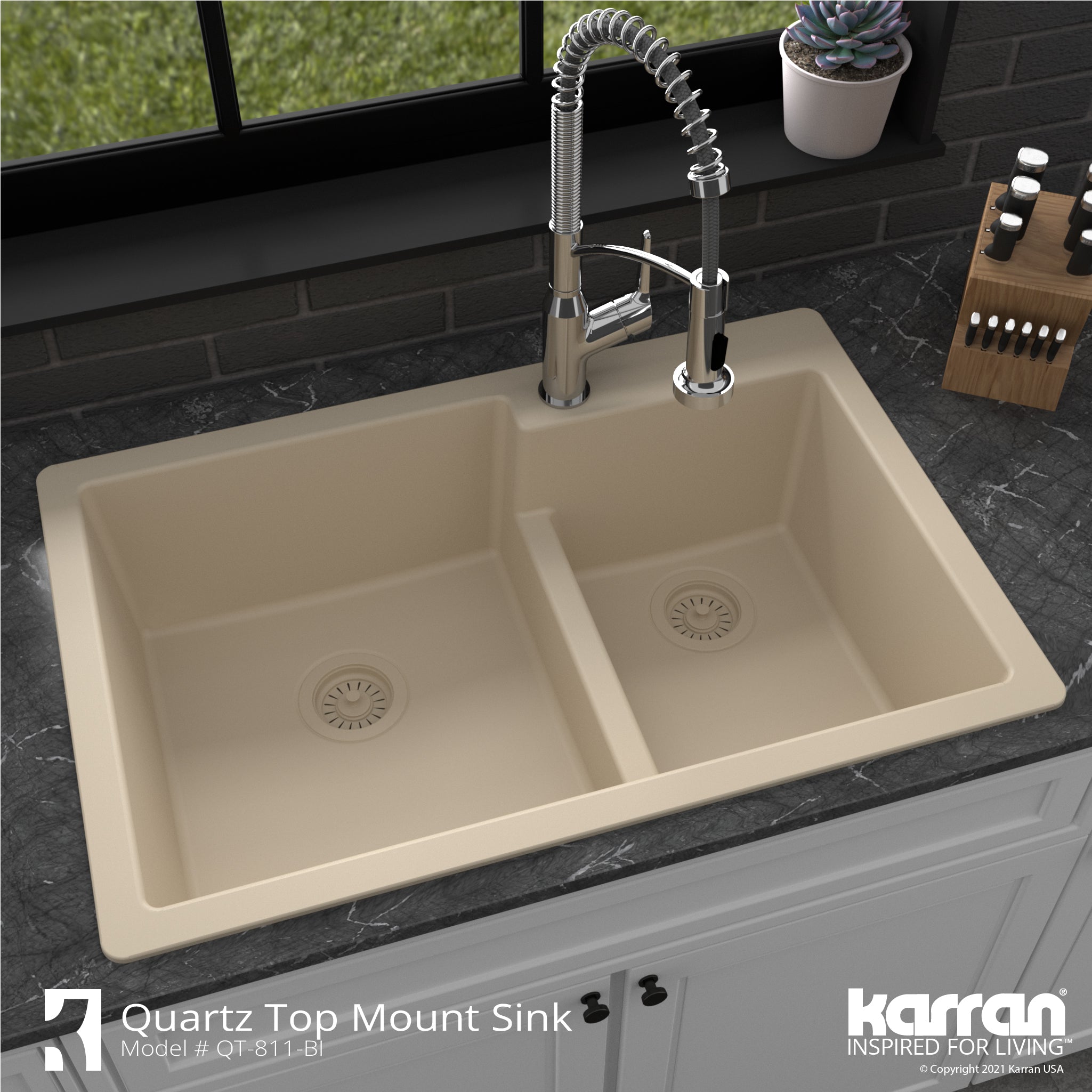 Alternate Image for Karran 33" Drop In/Topmount Quartz Composite Kitchen Sink with Accessories, 60/40 Double Bowl, Bisque, QT-811-BI-PK1