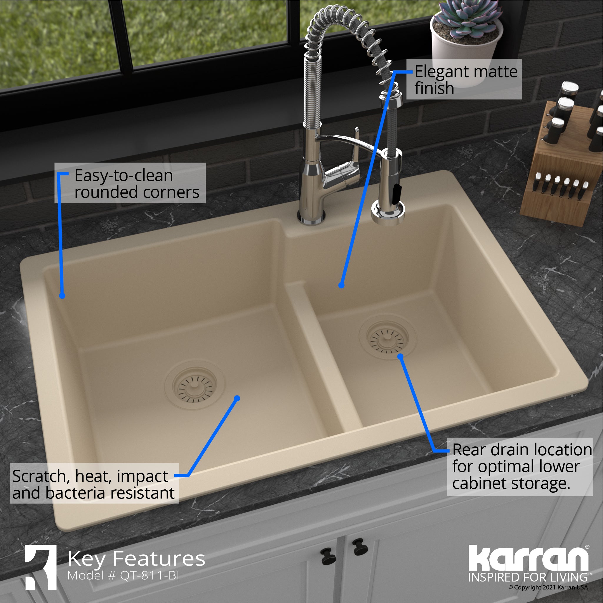 Alternate Image for Karran 33" Drop In/Topmount Quartz Composite Kitchen Sink with Accessories, 60/40 Double Bowl, Bisque, QT-811-BI-PK1