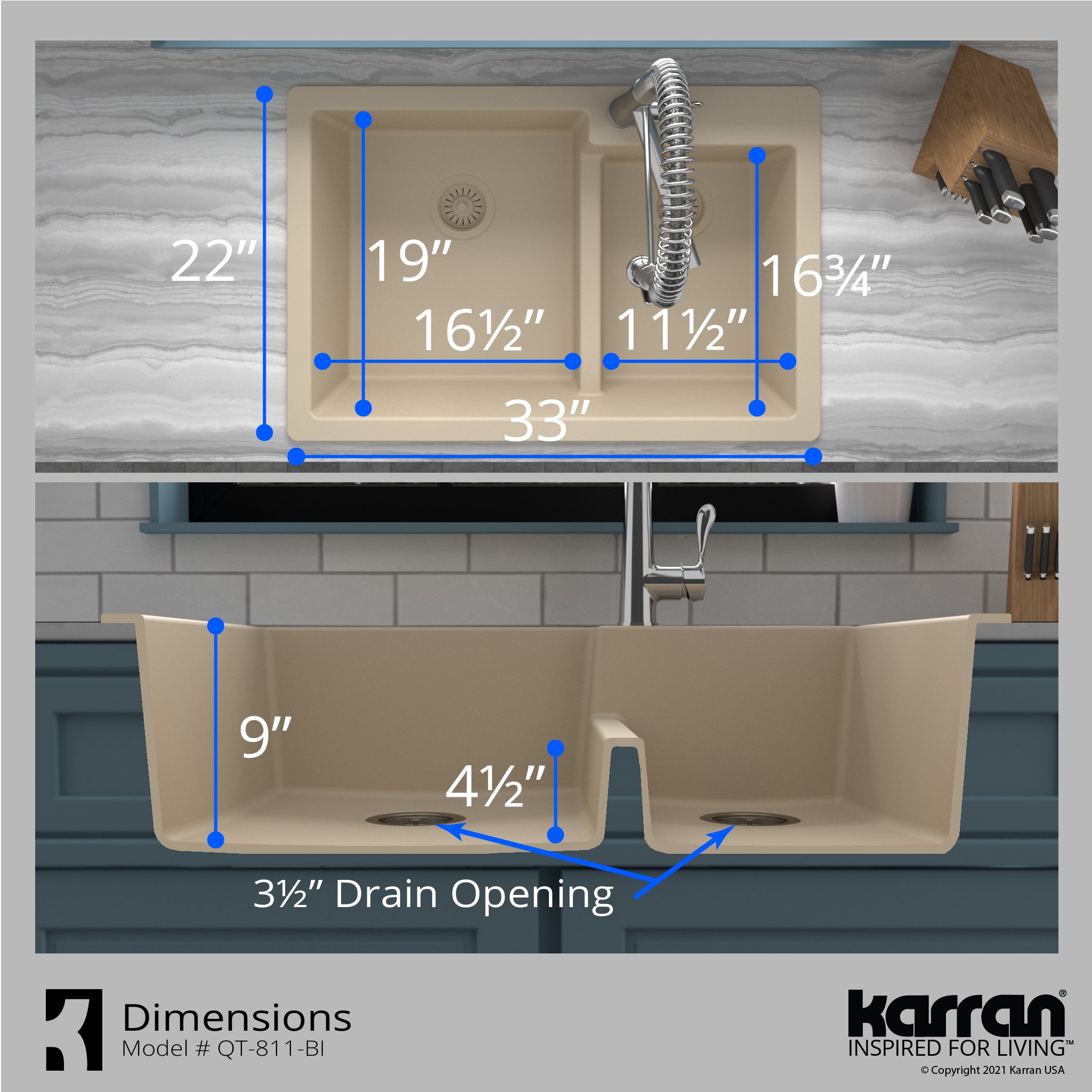 Alternate Image for Karran 33" Drop In/Topmount Quartz Composite Kitchen Sink with Accessories, 60/40 Double Bowl, Bisque, QT-811-BI-PK1