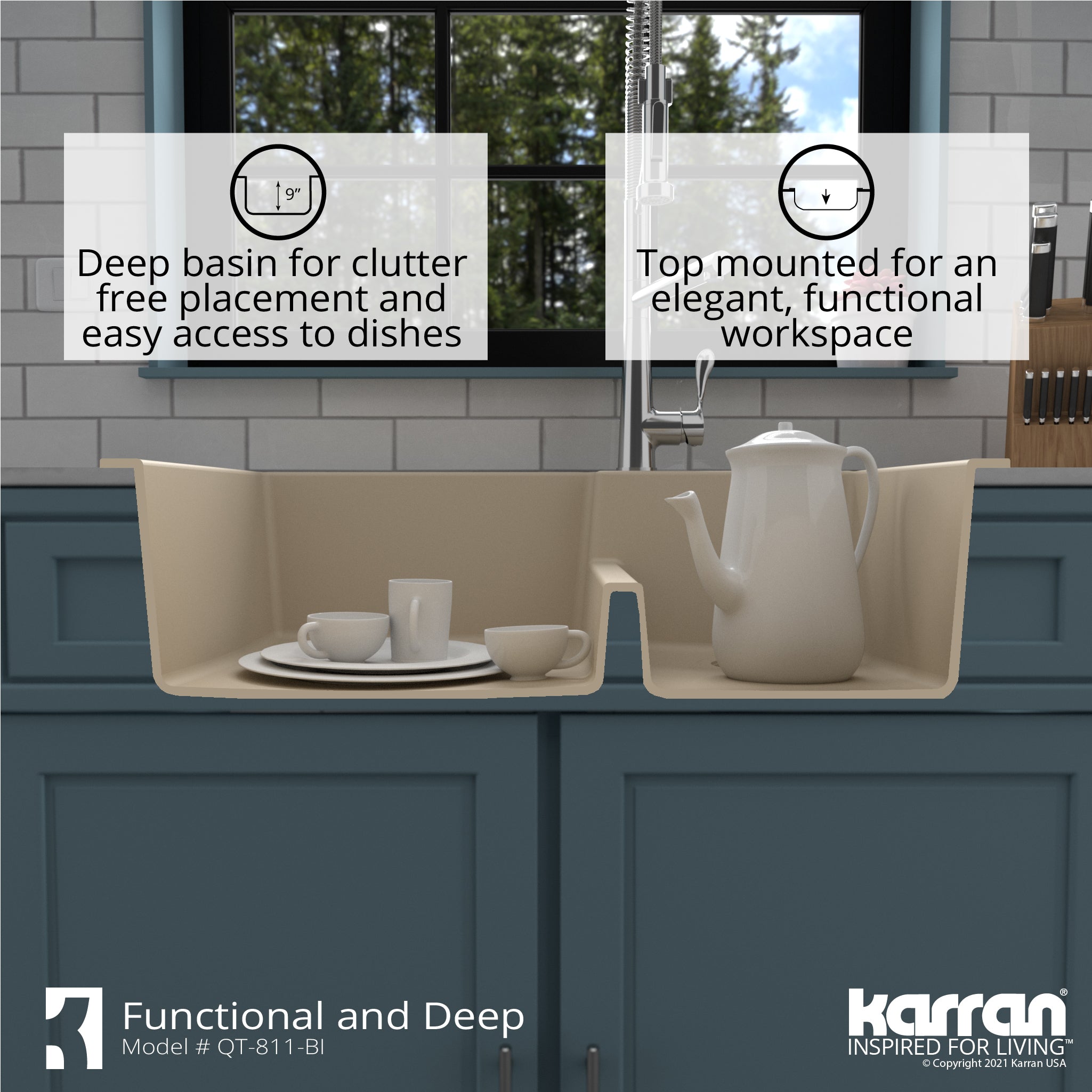 Alternate Image for Karran 33" Drop In/Topmount Quartz Composite Kitchen Sink with Accessories, 60/40 Double Bowl, Bisque, QT-811-BI-PK1