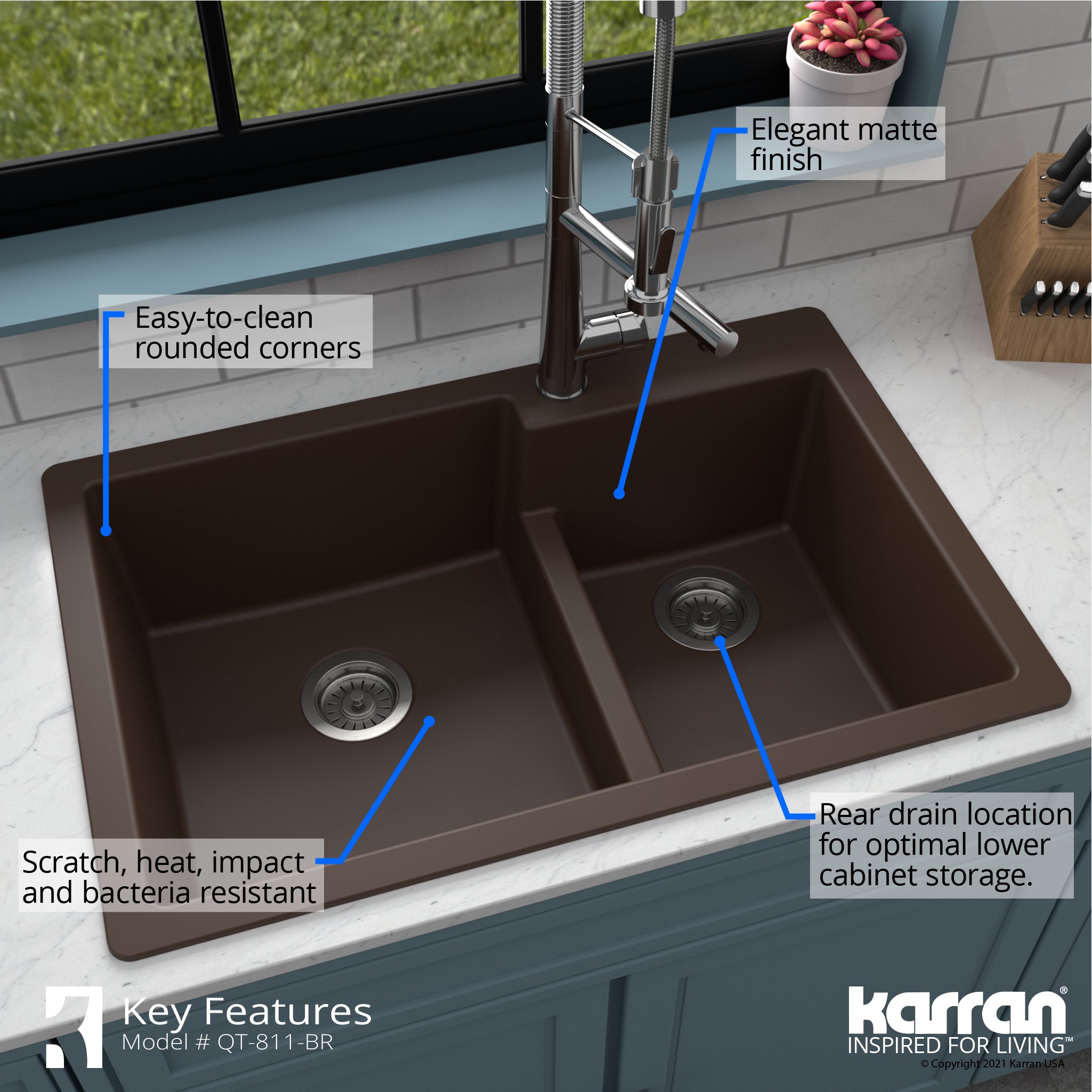 Alternate Image for Karran 33" Drop In/Topmount Quartz Composite Kitchen Sink with Accessories, 60/40 Double Bowl, Brown, QT-811-BR-PK1
