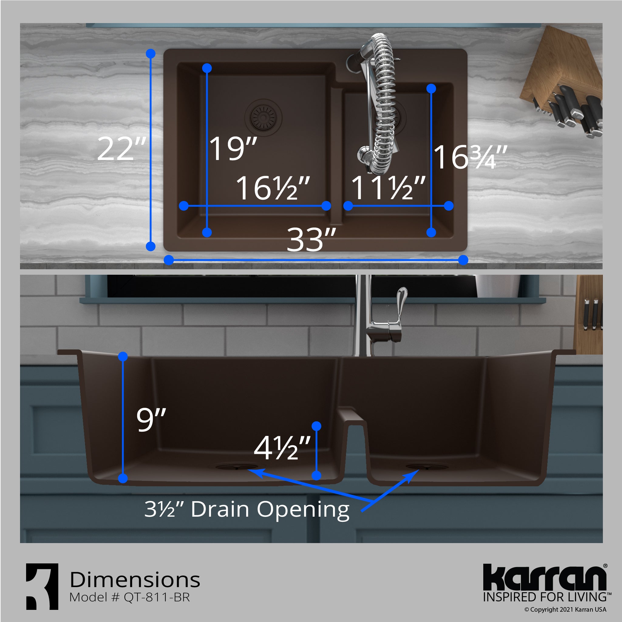 Alternate Image for Karran 33" Drop In/Topmount Quartz Composite Kitchen Sink with Accessories, 60/40 Double Bowl, Brown, QT-811-BR-PK1